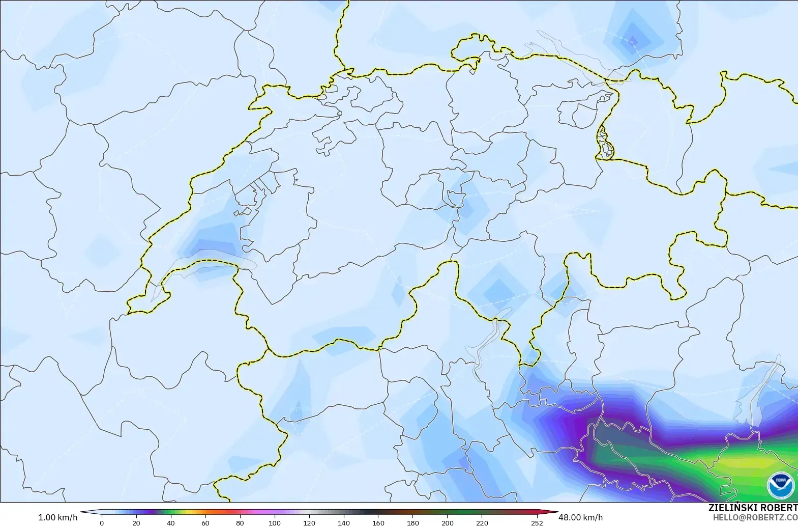 GFS modelo - Suiza, Ráfagas de Viento Máximas
