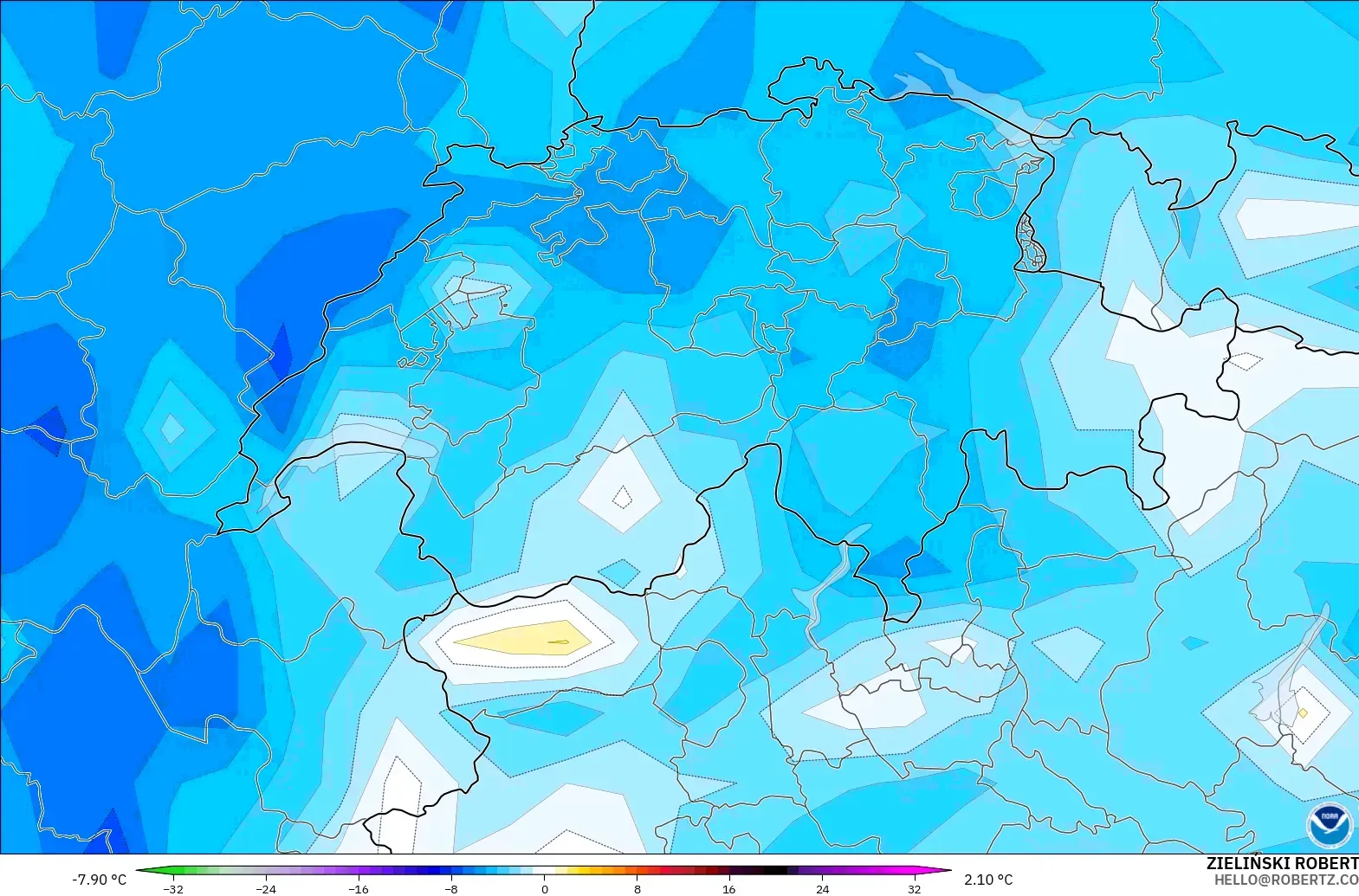 GFS modelo - Suiza, Anomalía de temperatura a 2 m