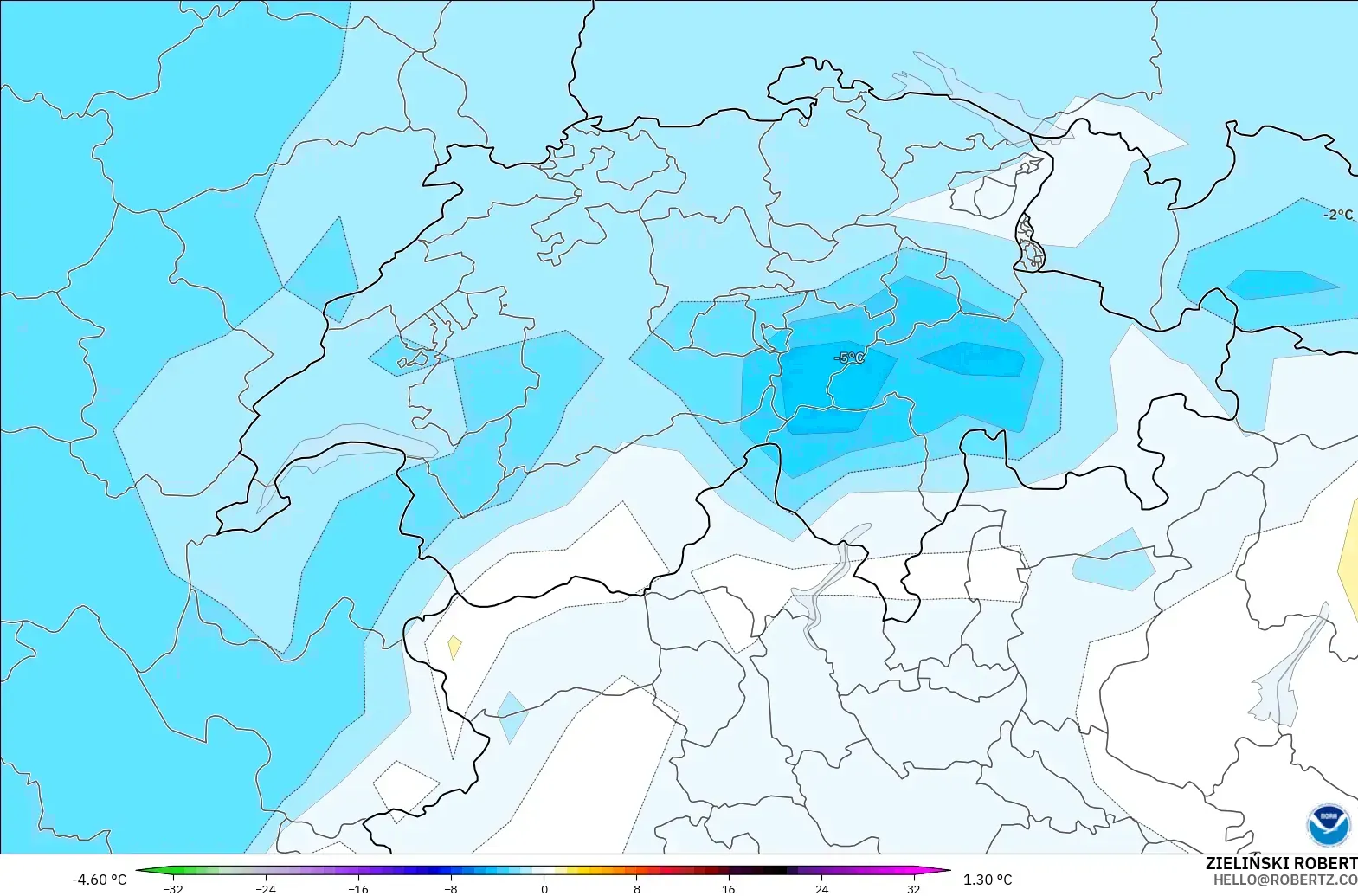 GFS modelo - Suiza, Anomalía de temperatura a 850 hPa