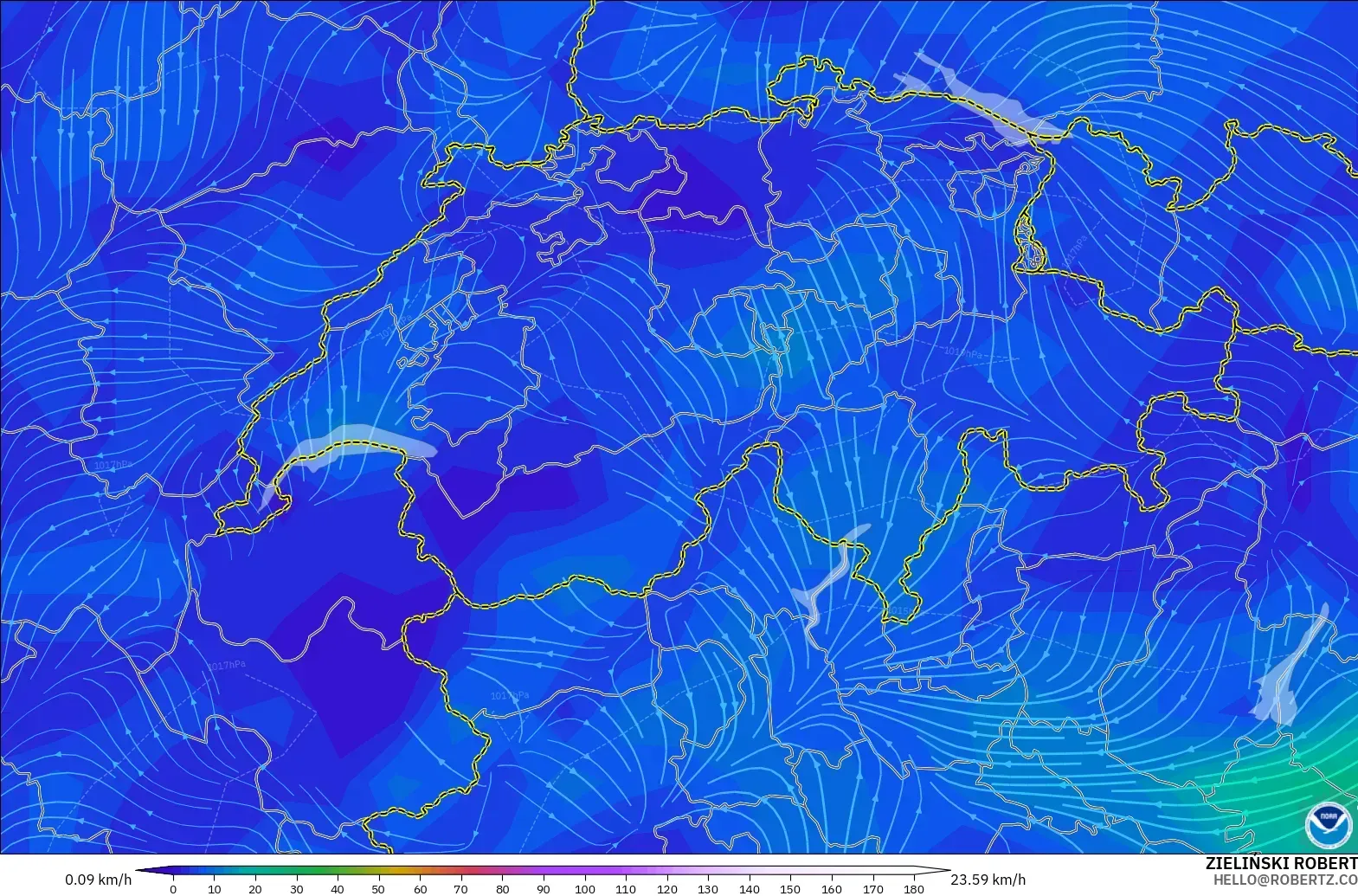 GFS modelo - Suiza, Viento a 10 m