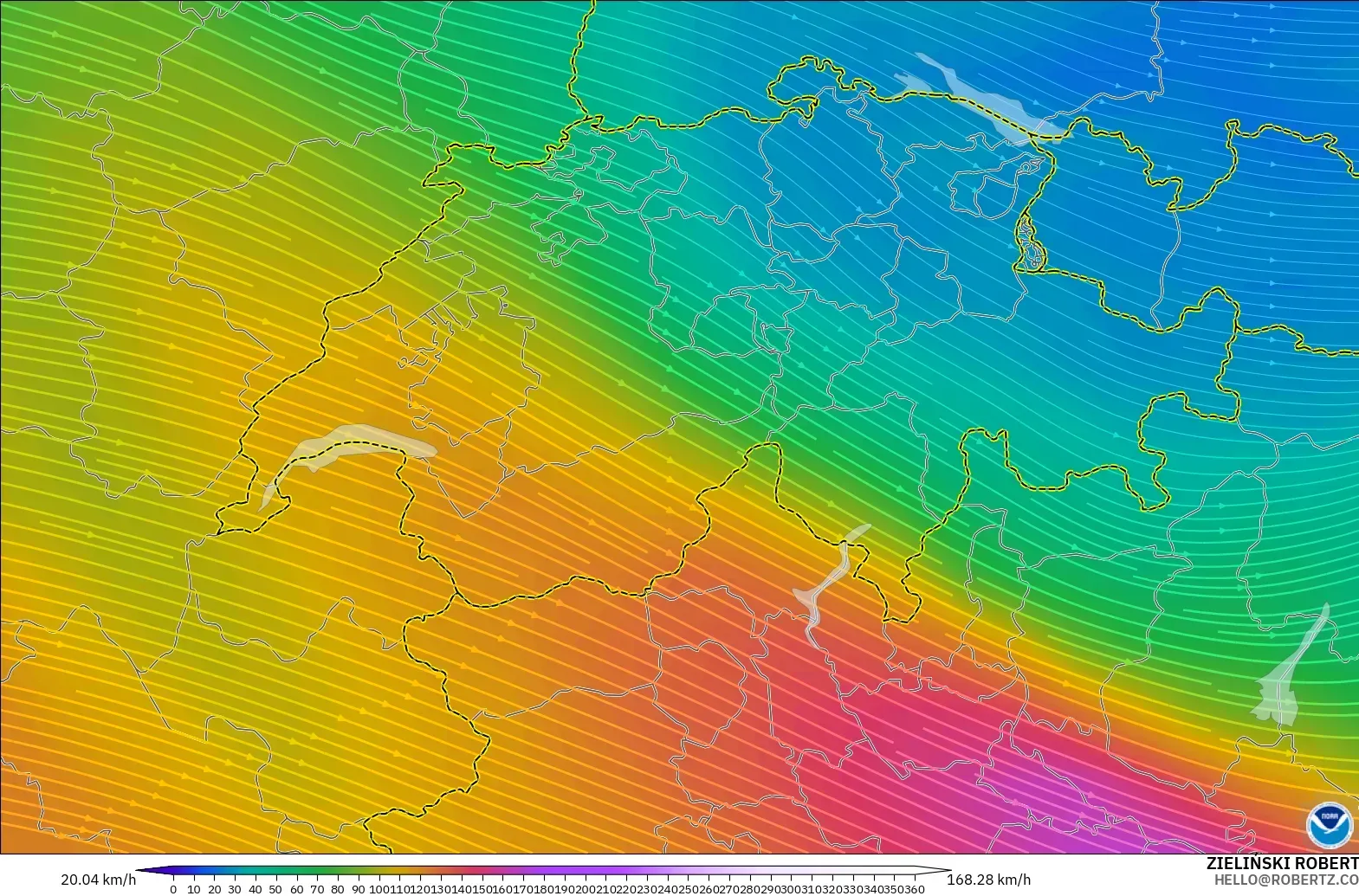 GFS modelo - Suiza, Viento a 300 hPa (corriente en chorro)
