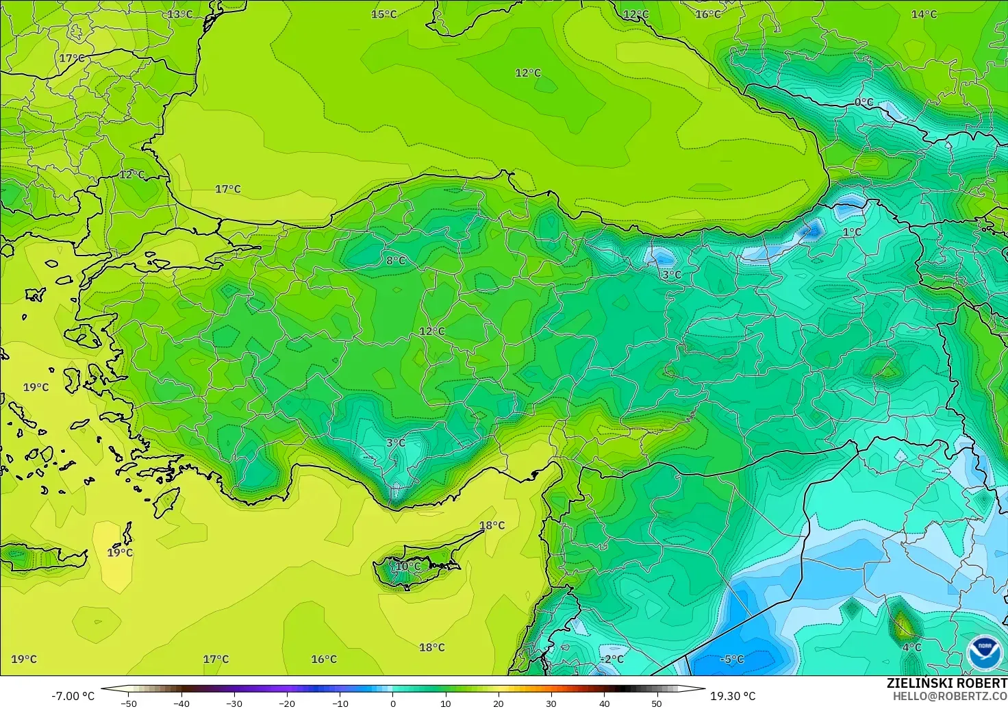 GFS modelo - Turquía, Punto de rocío a 2 m