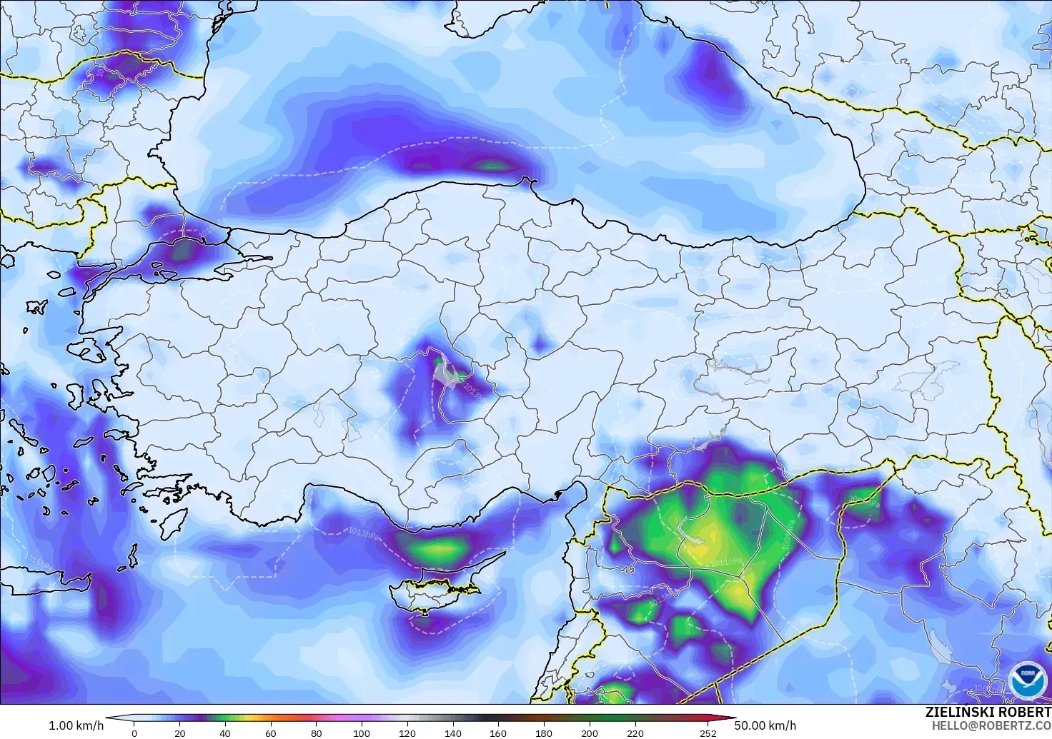 GFS modelo - Turquía, Ráfagas de Viento Máximas