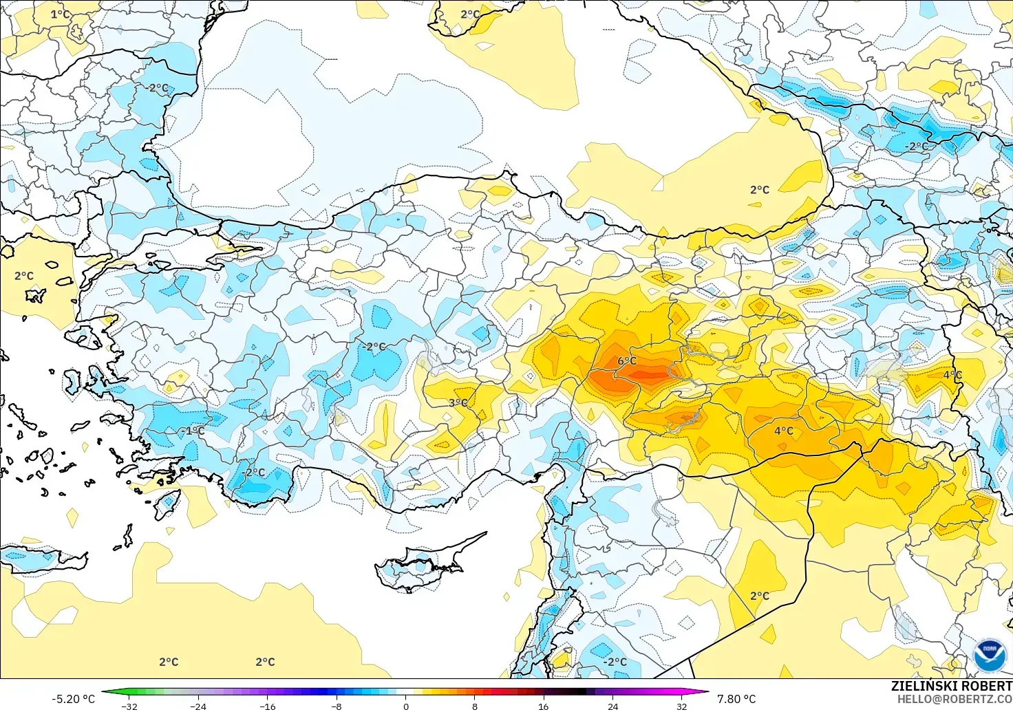 GFS modelo - Turquía, Anomalía de temperatura a 2 m