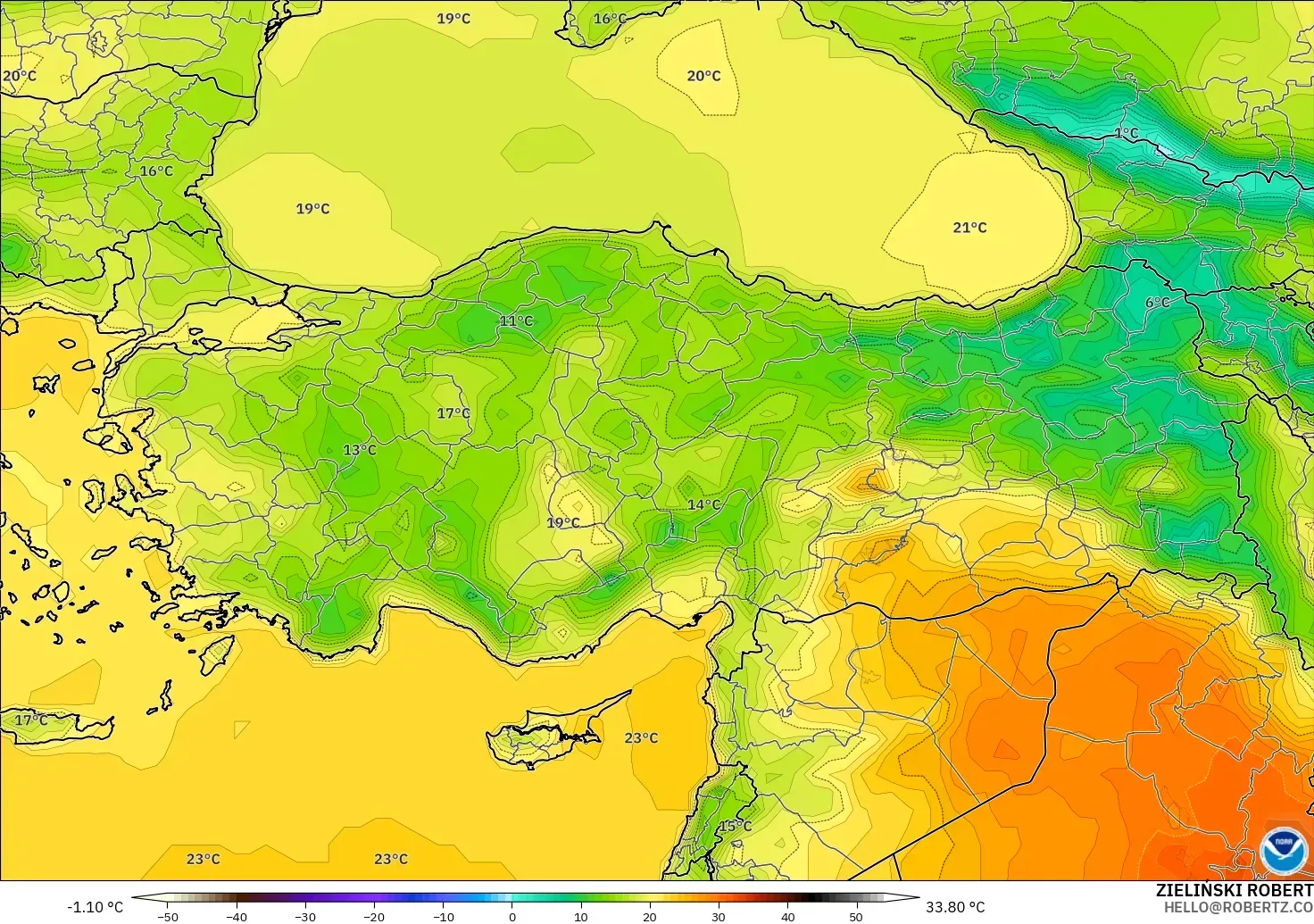GFS modelo - Turquía, Temperatura a 2 m