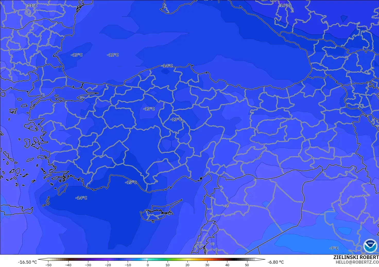 GFS modelo - Turquía, Temperatura a 500 hPa