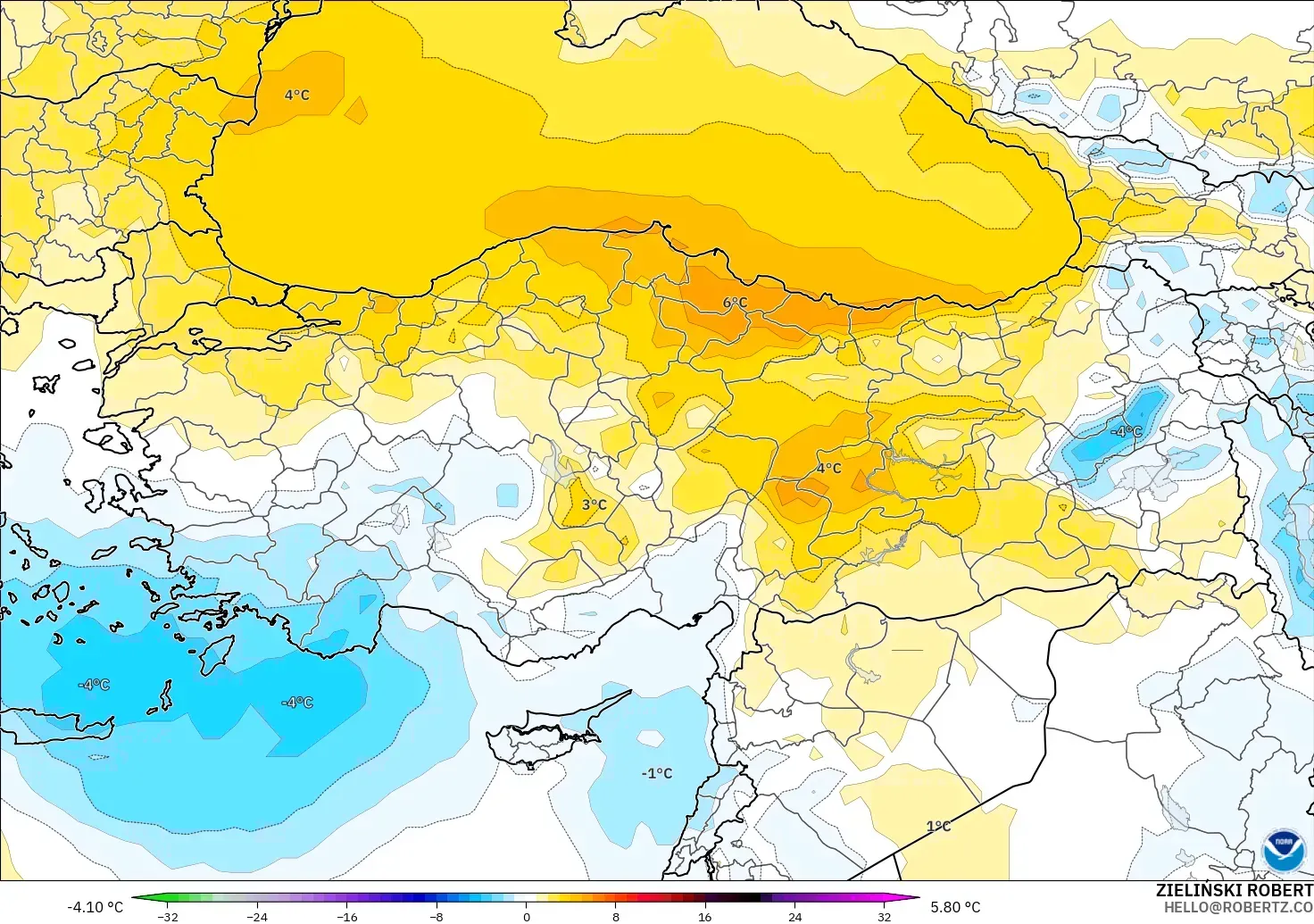 GFS modelo - Turquía, Anomalía de temperatura a 850 hPa