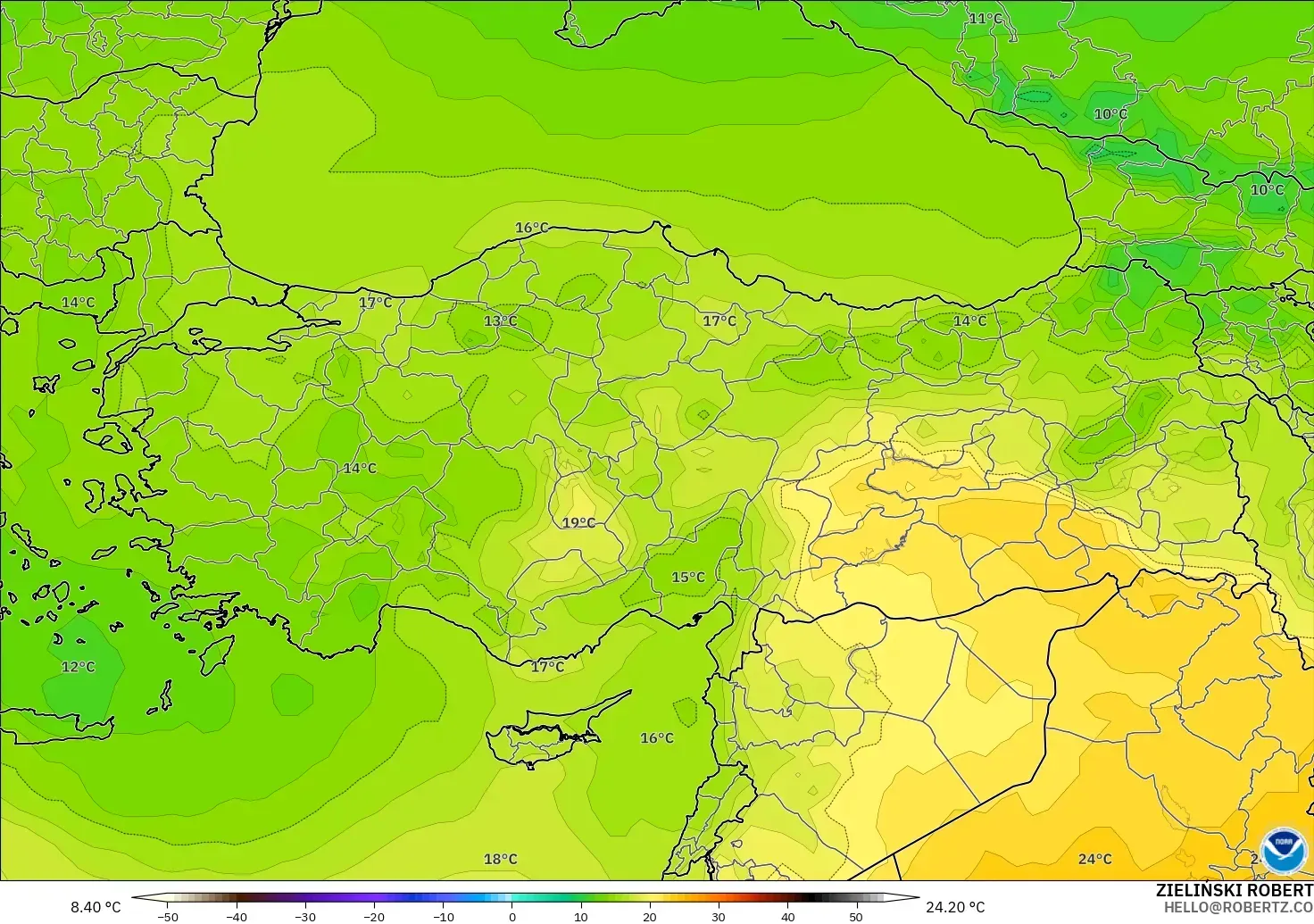 GFS modelo - Turquía, Temperatura a 850 hPa