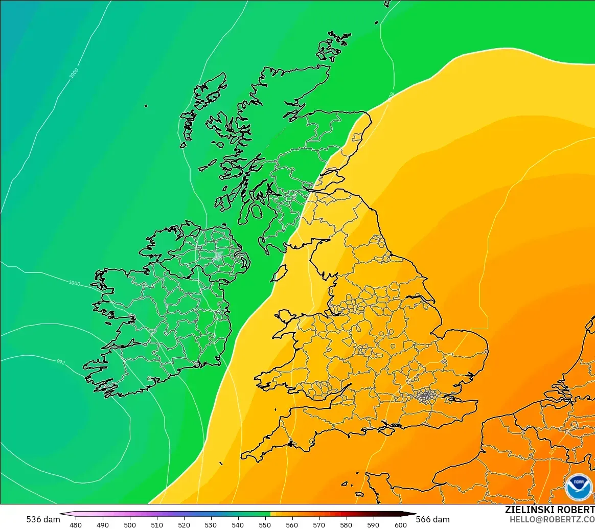 GFS modelo - Reino Unido, Altura geopotencial a 500 hPa
