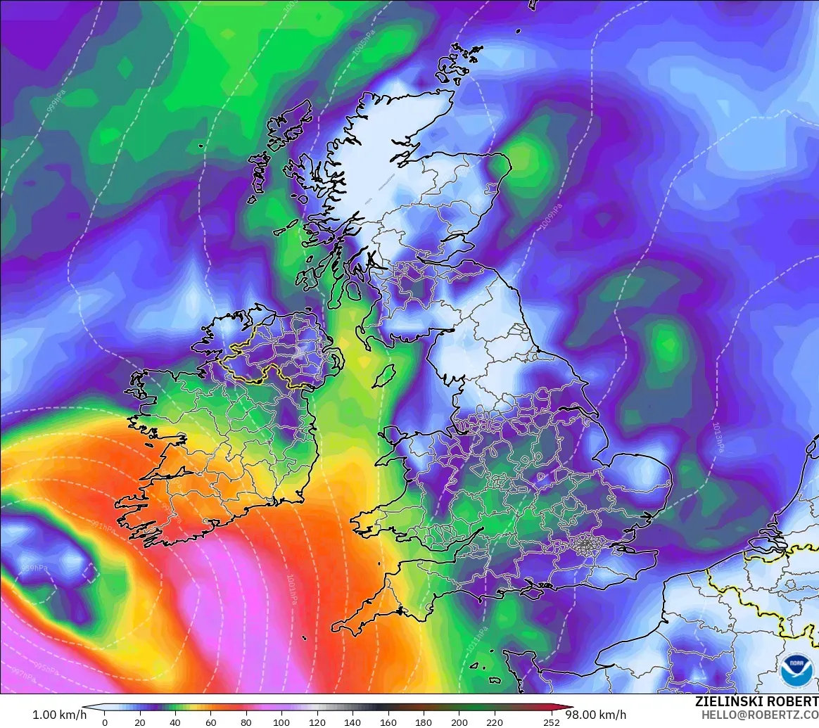 GFS modelo - Reino Unido, Ráfagas de Viento Máximas