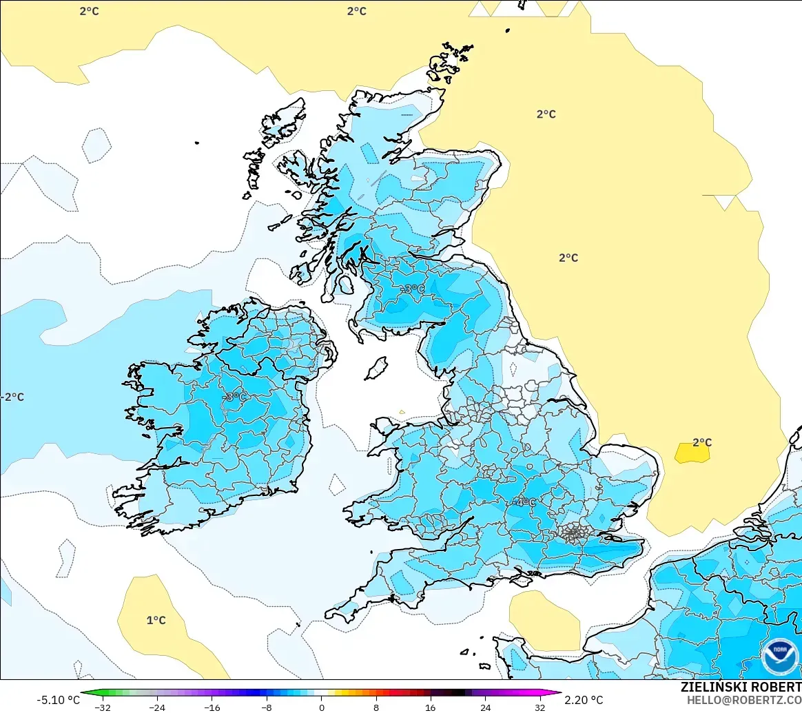 GFS modelo - Reino Unido, Anomalía de temperatura a 2 m