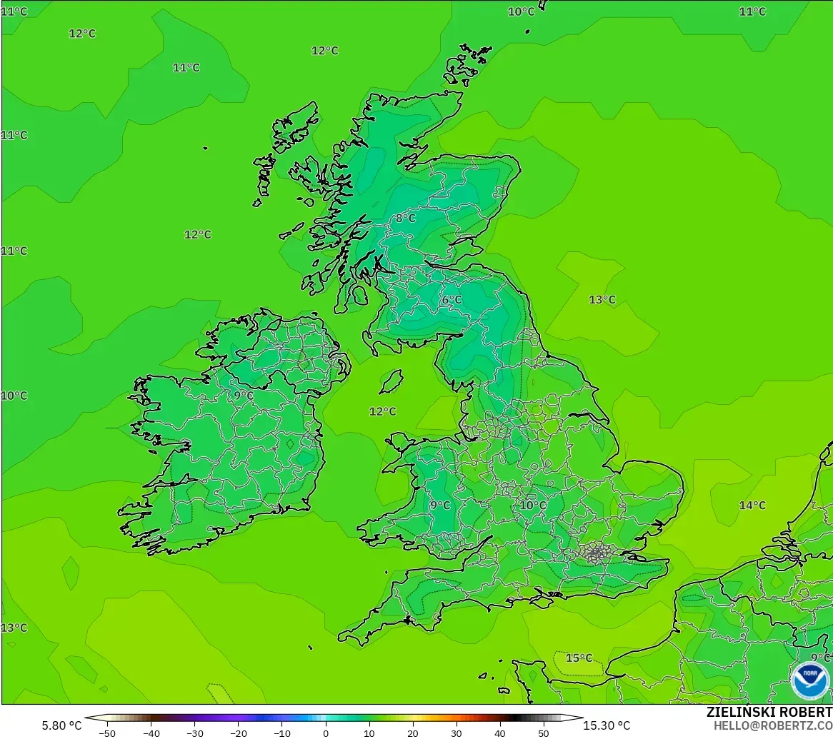 GFS modelo - Reino Unido, Temperatura a 2 m