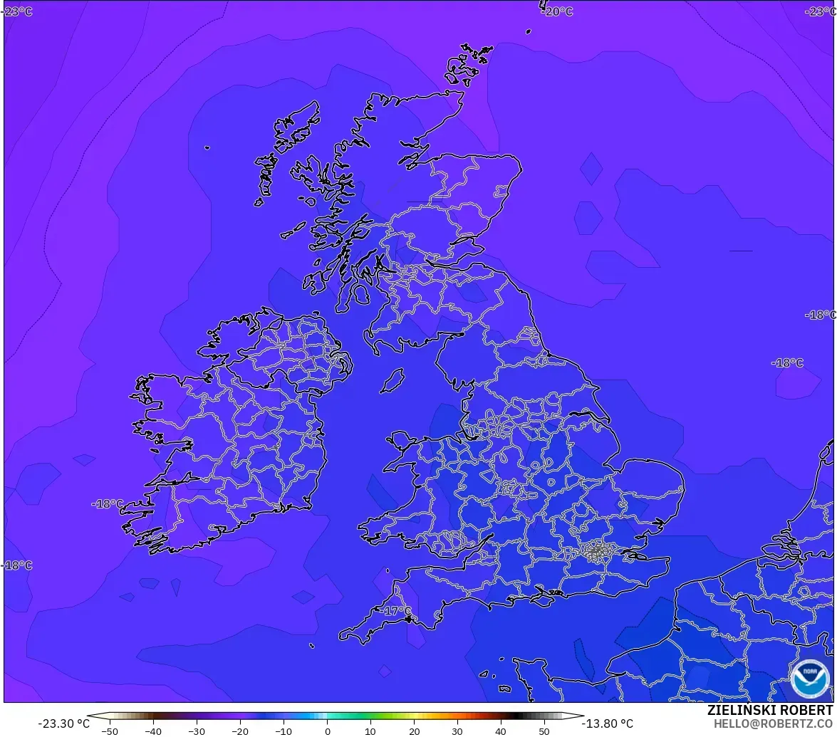 GFS modelo - Reino Unido, Temperatura a 500 hPa