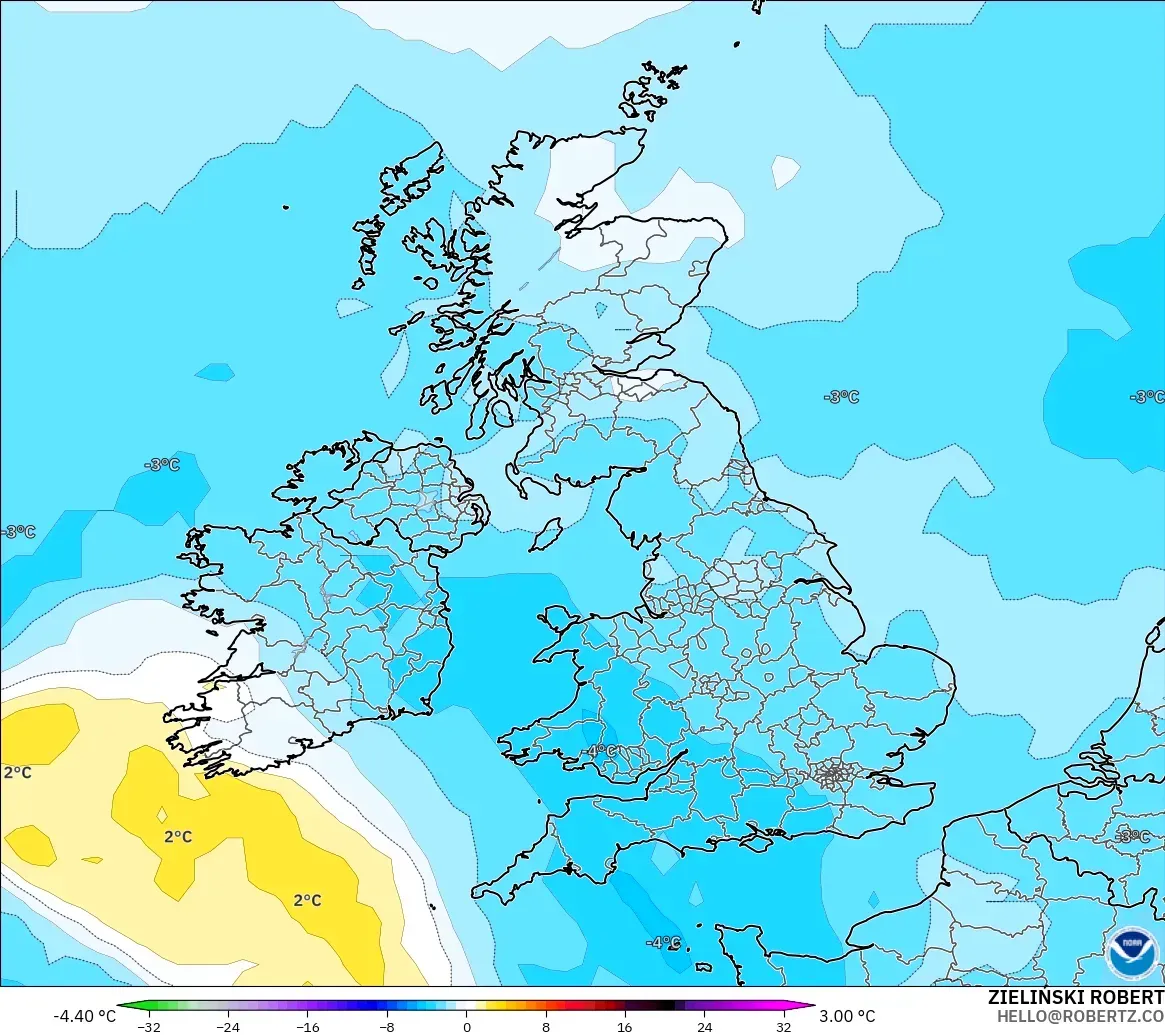 GFS modelo - Reino Unido, Anomalía de temperatura a 850 hPa