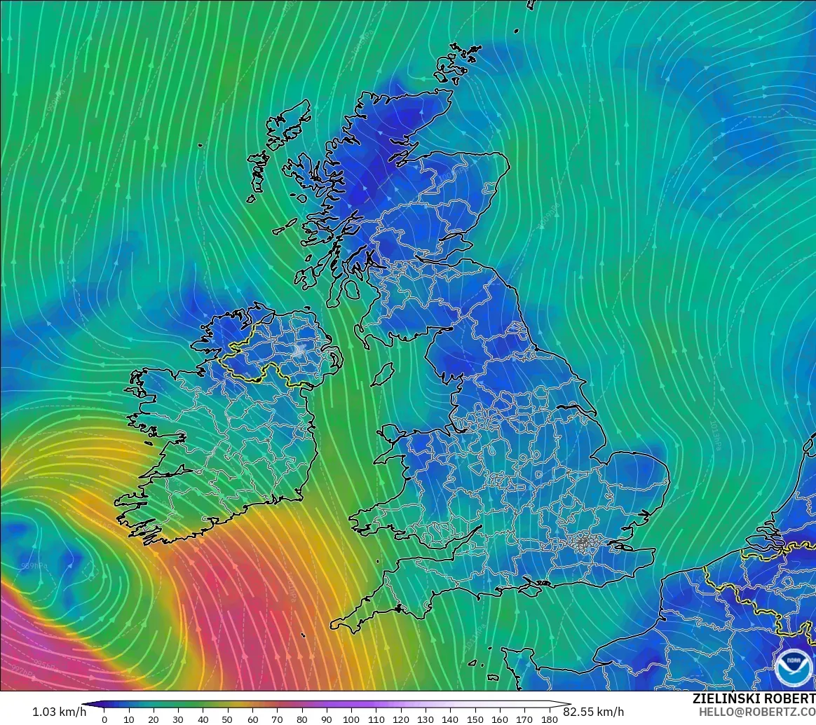 GFS modelo - Reino Unido, Viento a 10 m