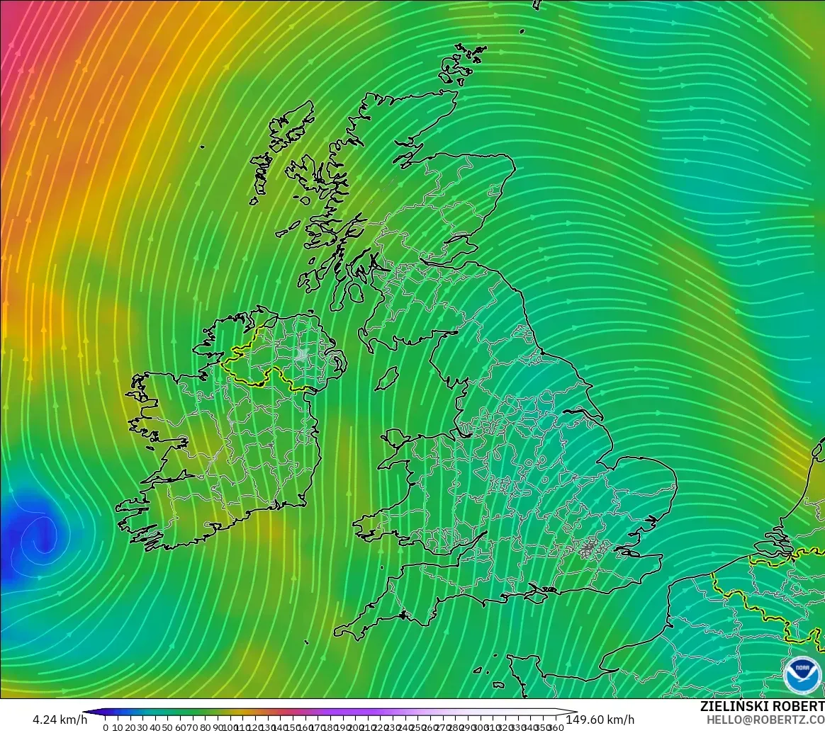 GFS modelo - Reino Unido, Viento a 300 hPa (corriente en chorro)