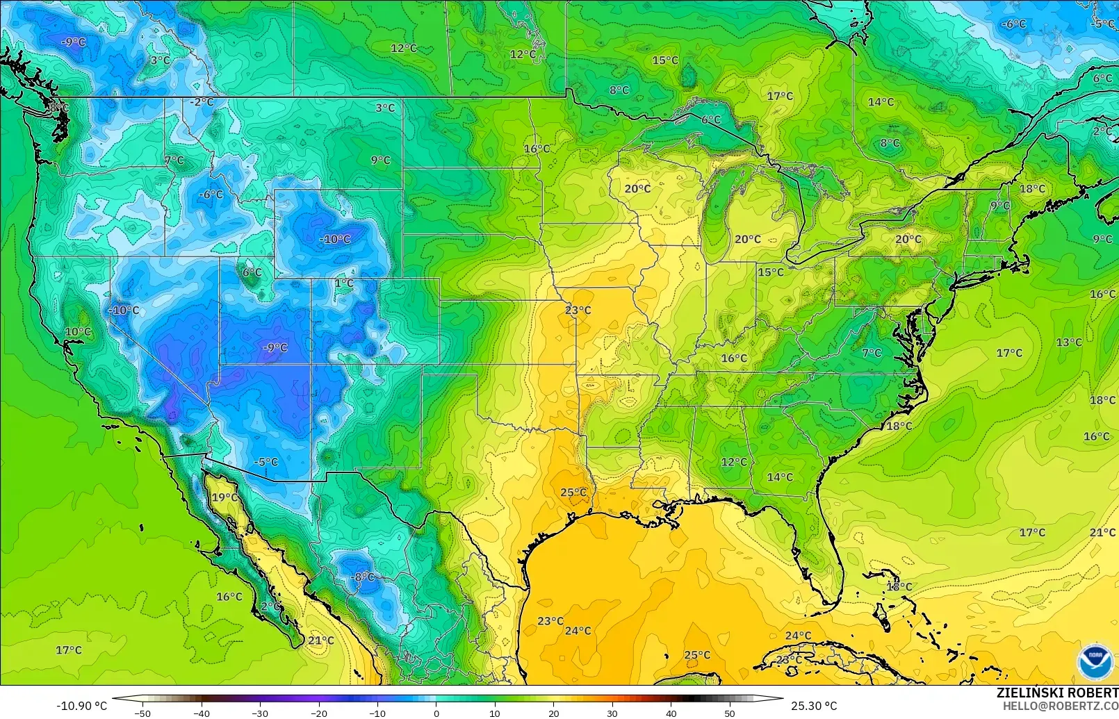 GFS modelo - Estados Unidos, Punto de rocío a 2 m