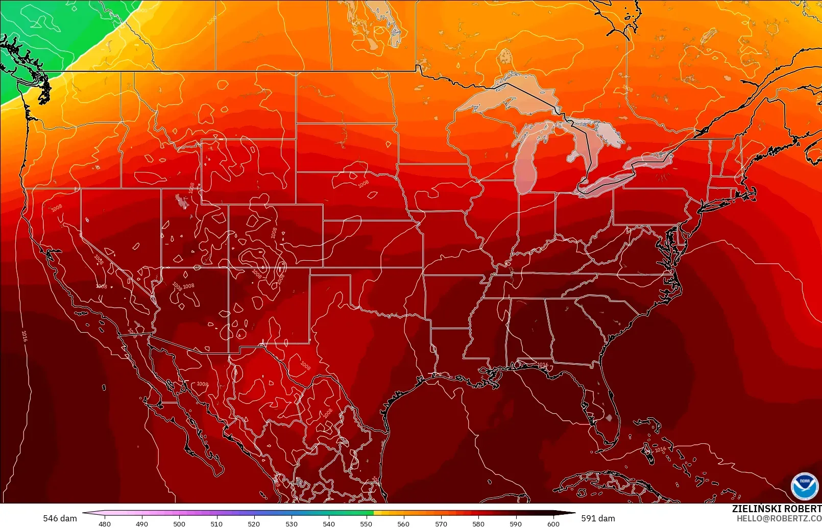 GFS modelo - Estados Unidos, Altura geopotencial a 500 hPa