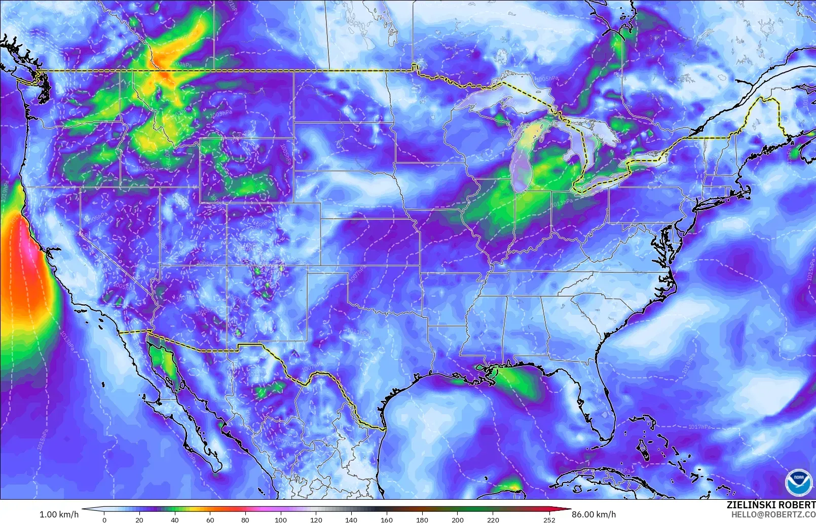GFS modelo - Estados Unidos, Ráfagas de viento
