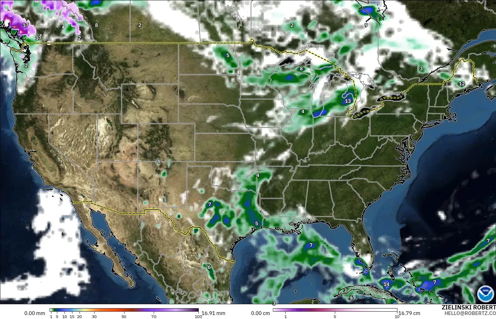 GFS modelo - Estados Unidos, Precipitación, nubes y presión