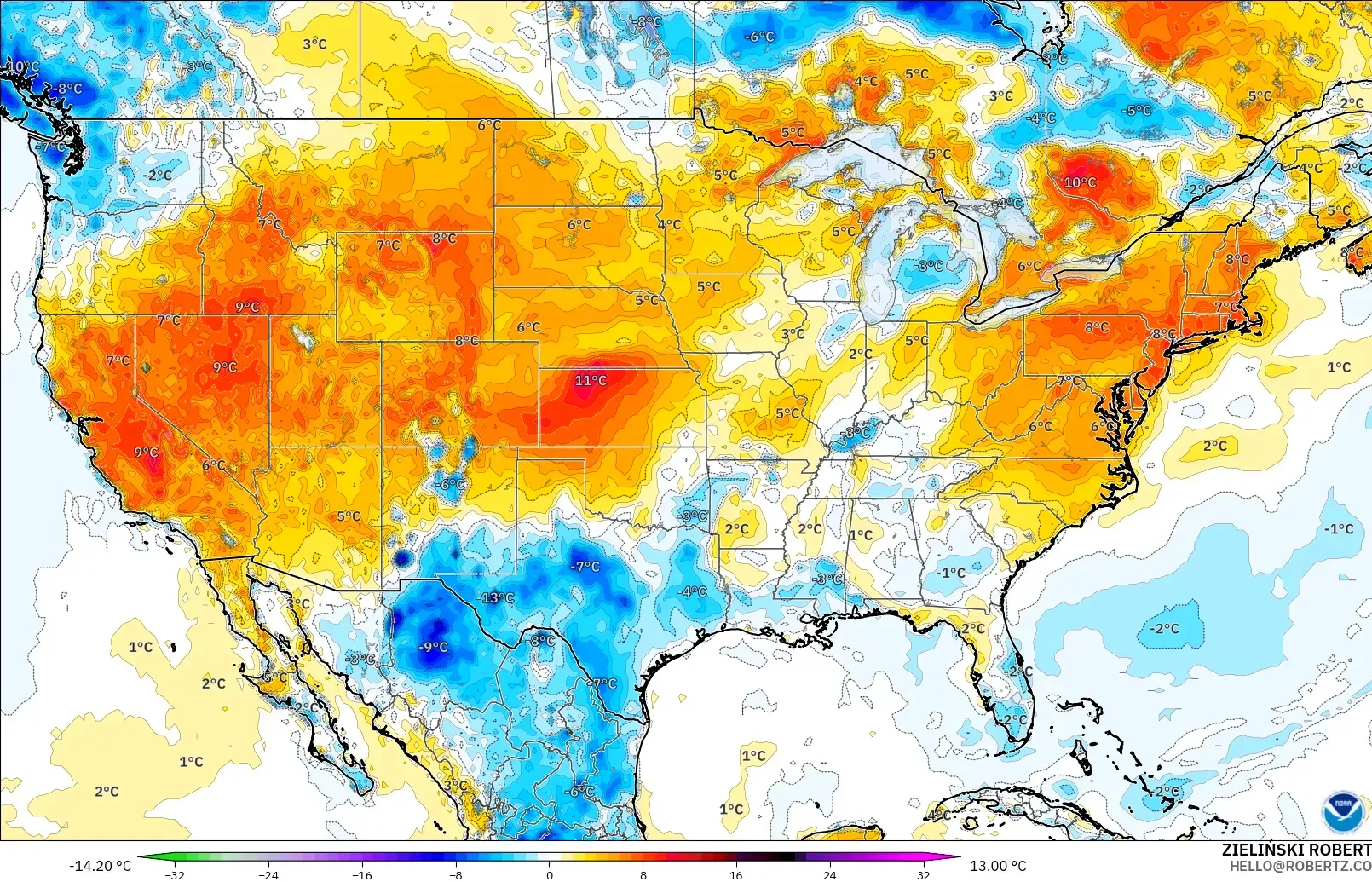 GFS modelo - Estados Unidos, Anomalía de temperatura a 2 m