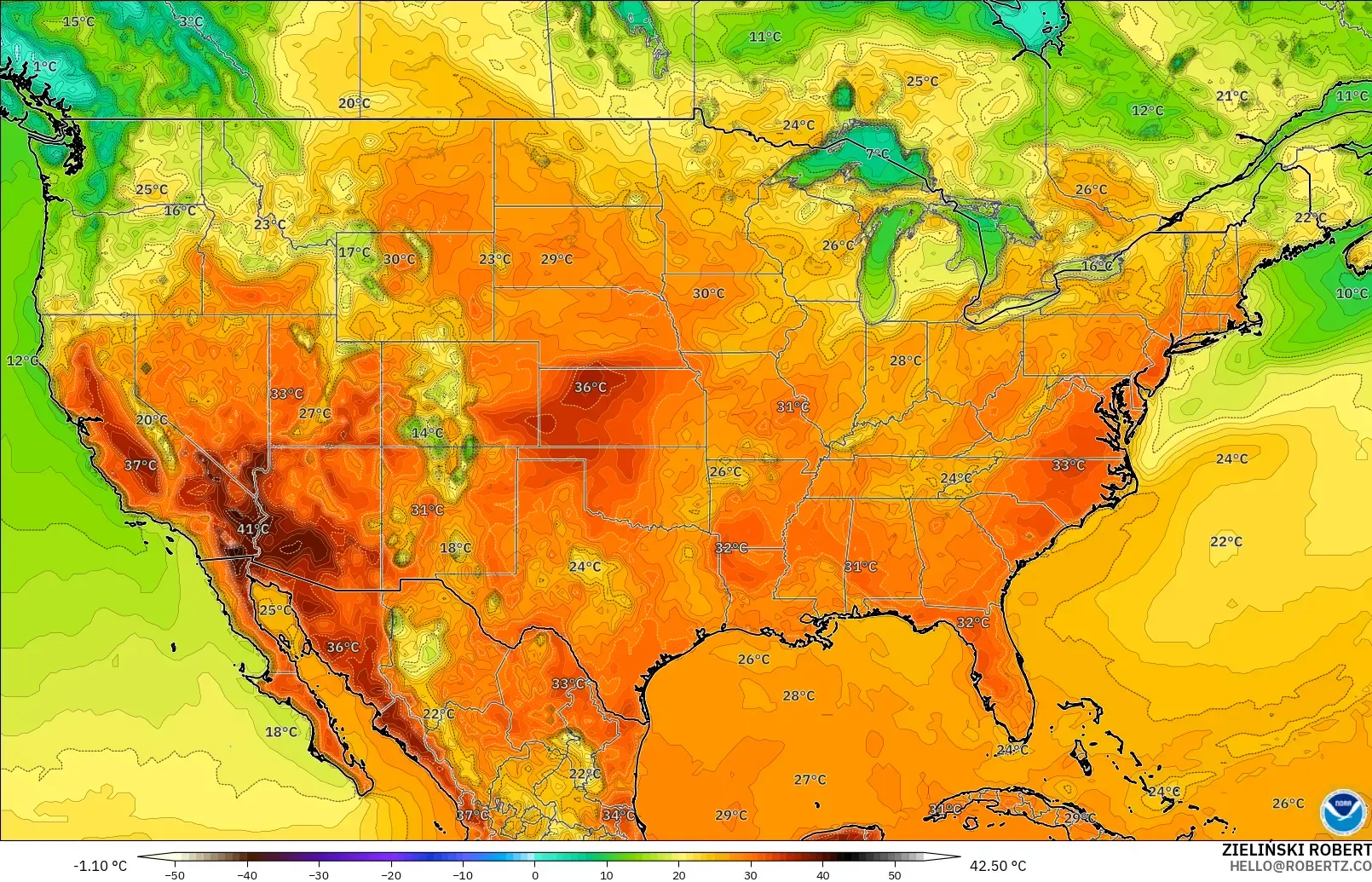 GFS modelo - Estados Unidos, Temperatura a 2 m