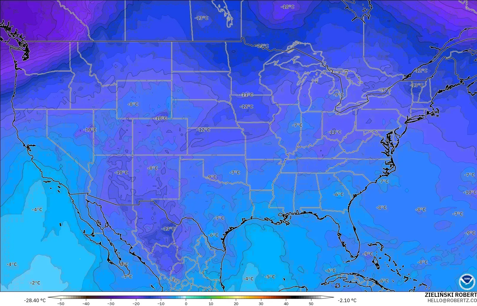 GFS modelo - Estados Unidos, Temperatura a 500 hPa