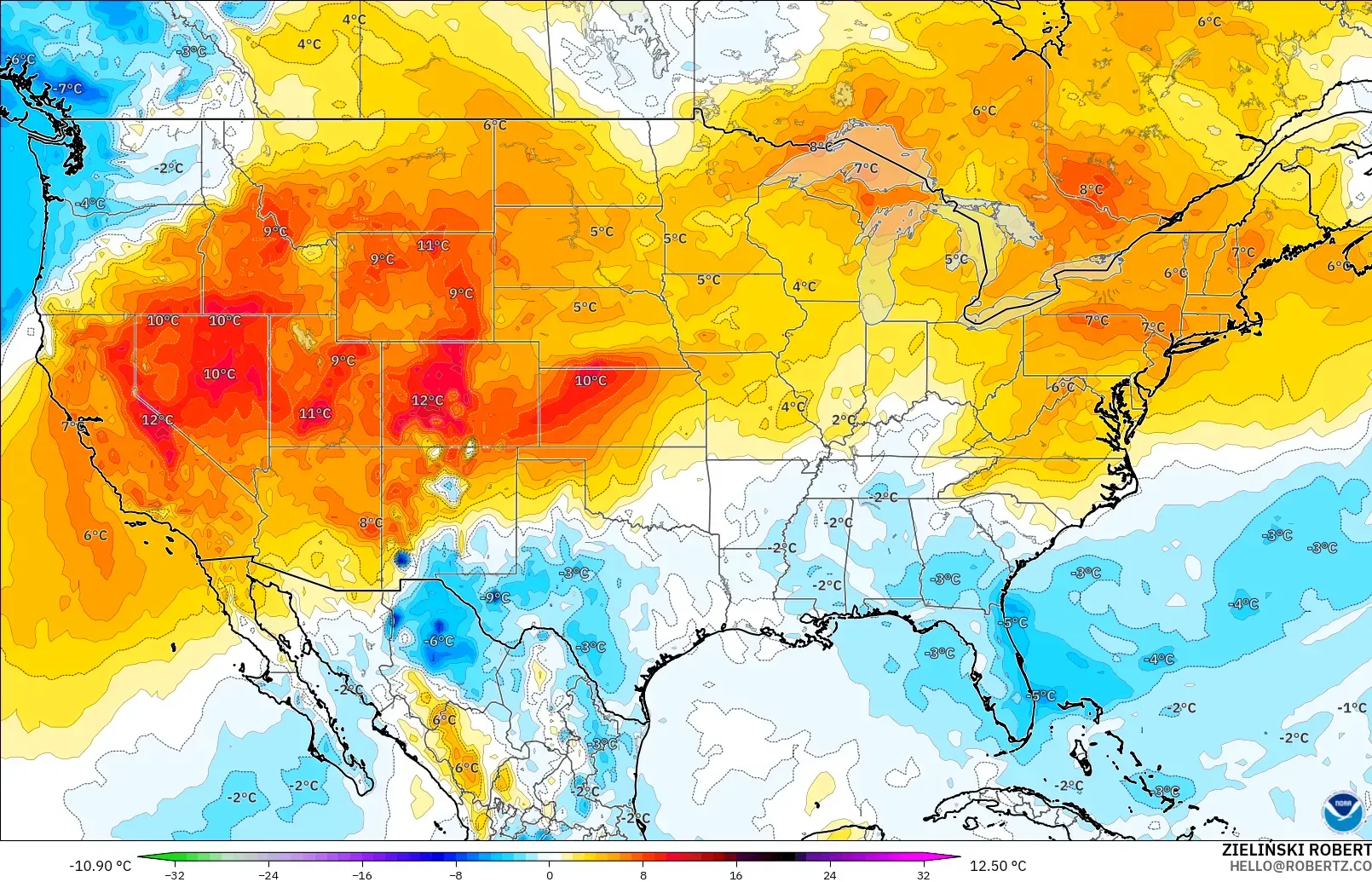 GFS modelo - Estados Unidos, Anomalía de temperatura a 850 hPa