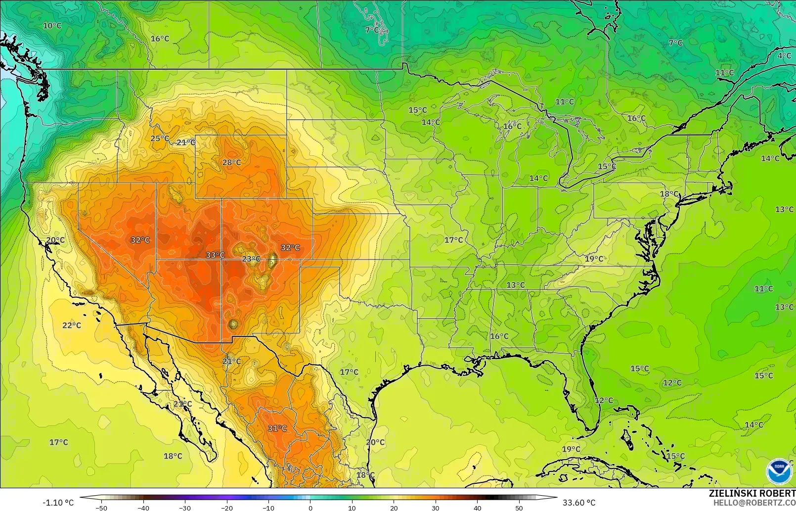 GFS modelo - Estados Unidos, Temperatura a 850 hPa