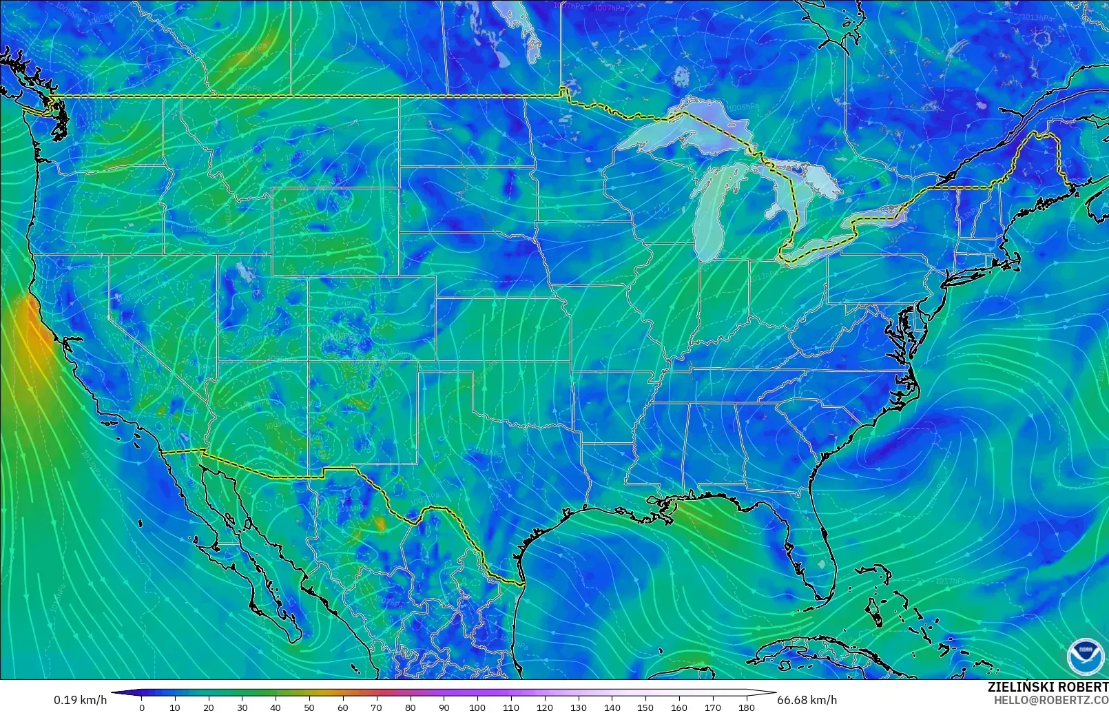 GFS modelo - Estados Unidos, Viento a 10 m