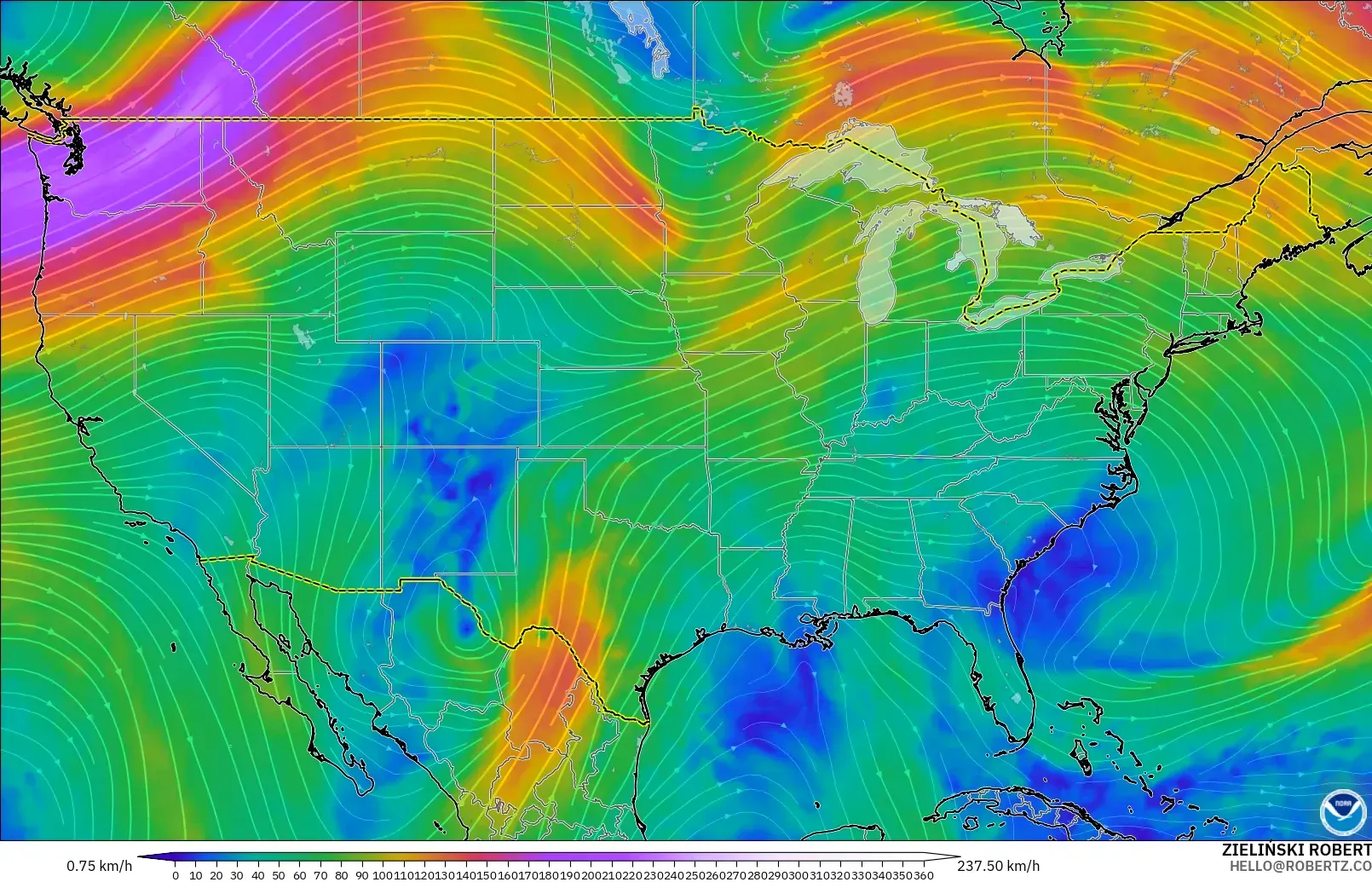 GFS modelo - Estados Unidos, Viento a 300 hPa (corriente en chorro)