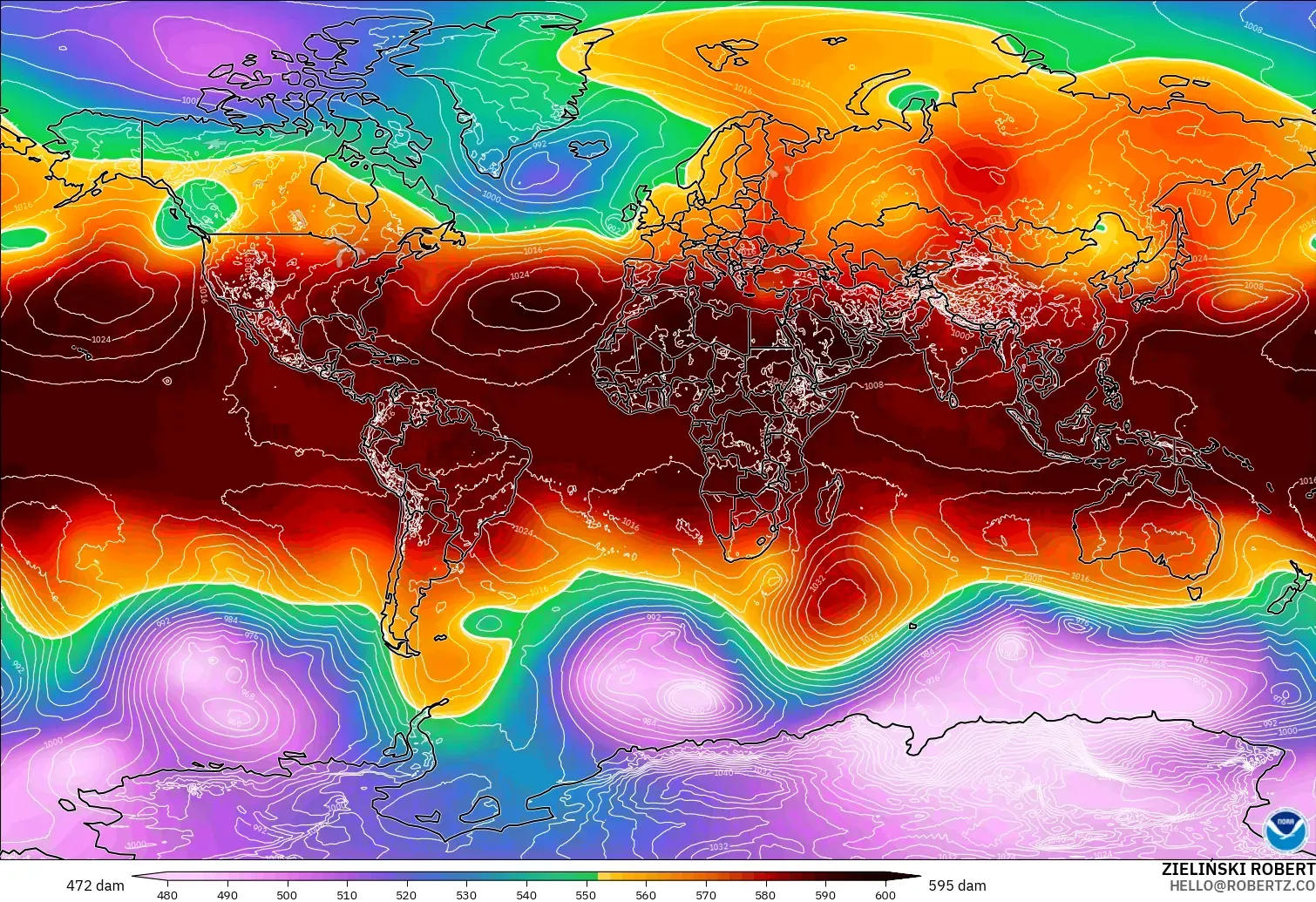 GFS modelo - Mundo, Altura geopotencial a 500 hPa