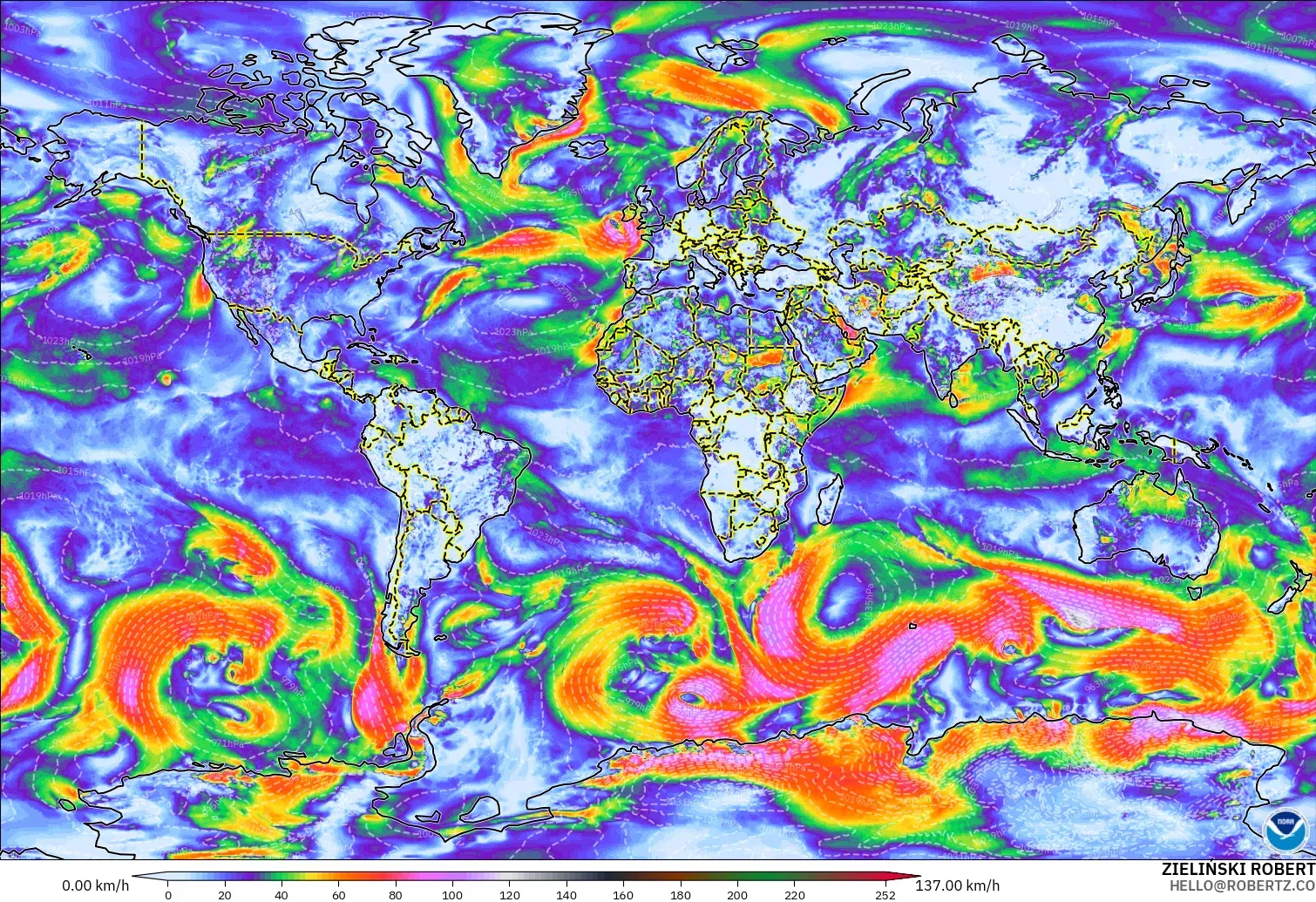 GFS modelo - Mundo, Ráfagas de viento