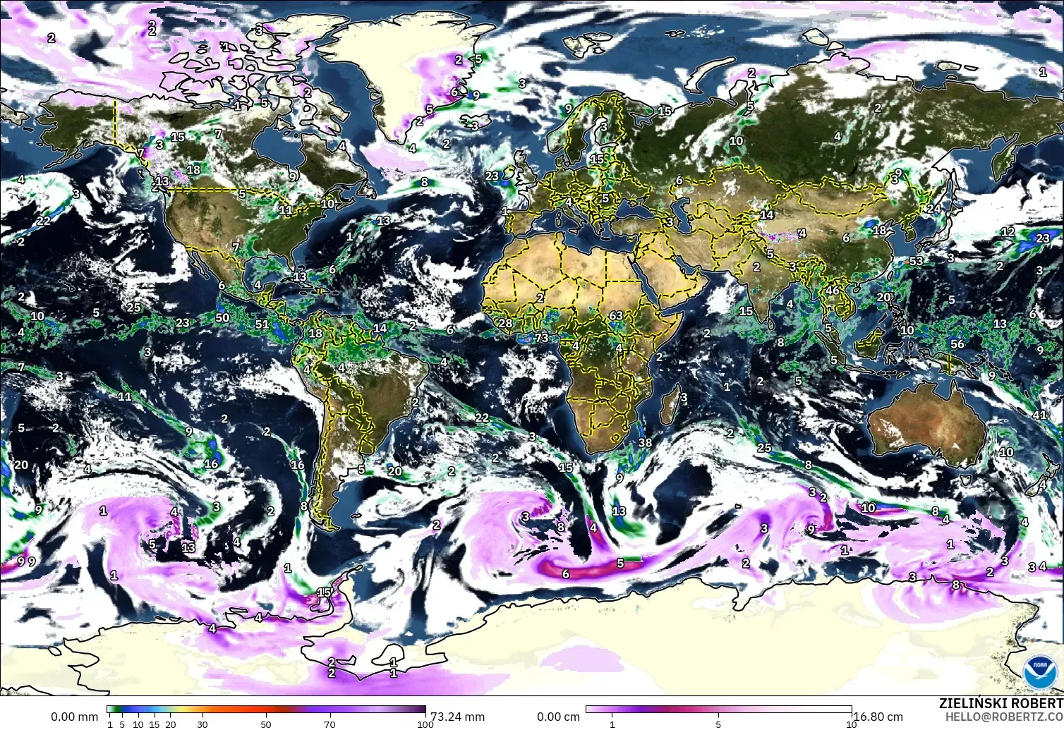 GFS modelo - Mundo, Precipitación, nubes y presión