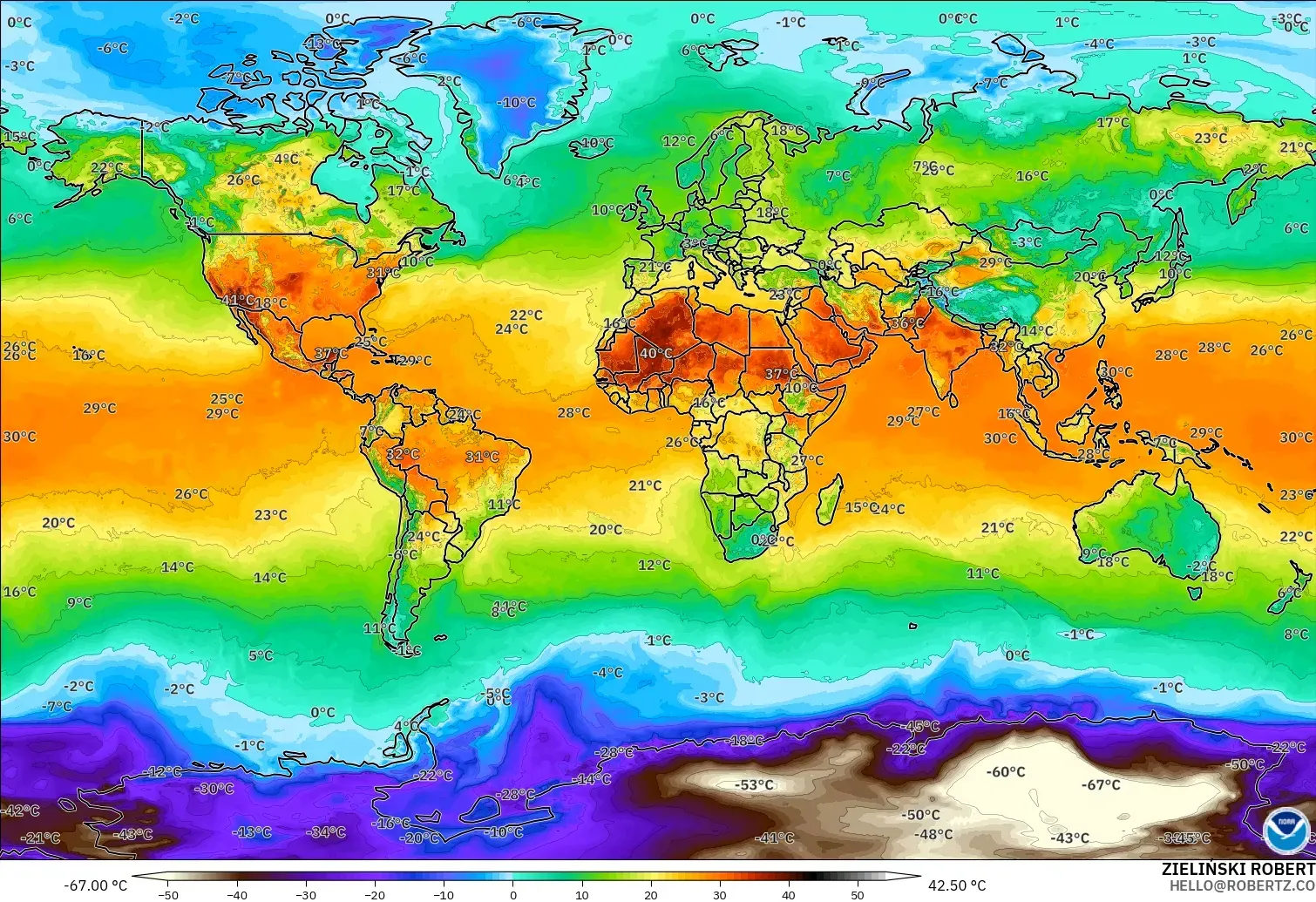 GFS modelo - Mundo, Temperatura a 2 m