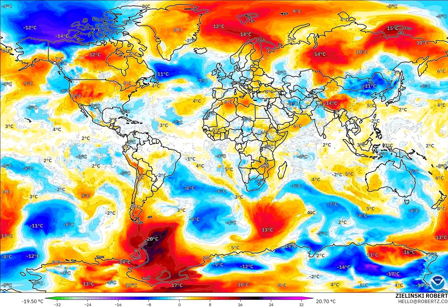 GFS modelo - Mundo, Anomalía de temperatura a 850 hPa