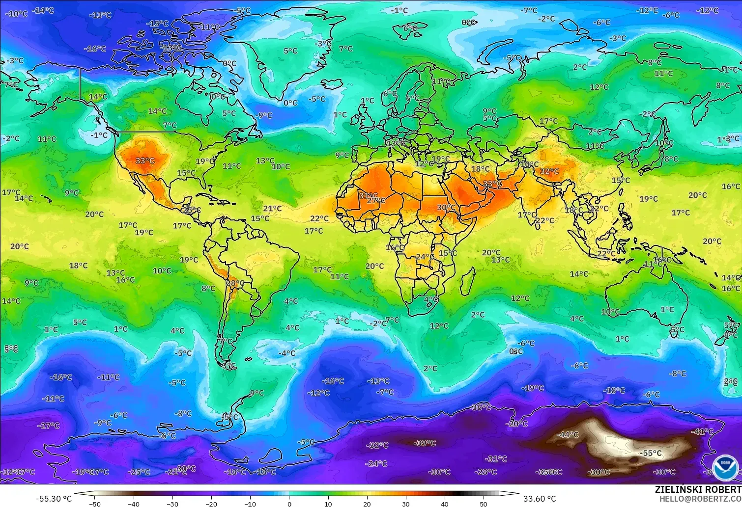 GFS modelo - Mundo, Temperatura a 850 hPa