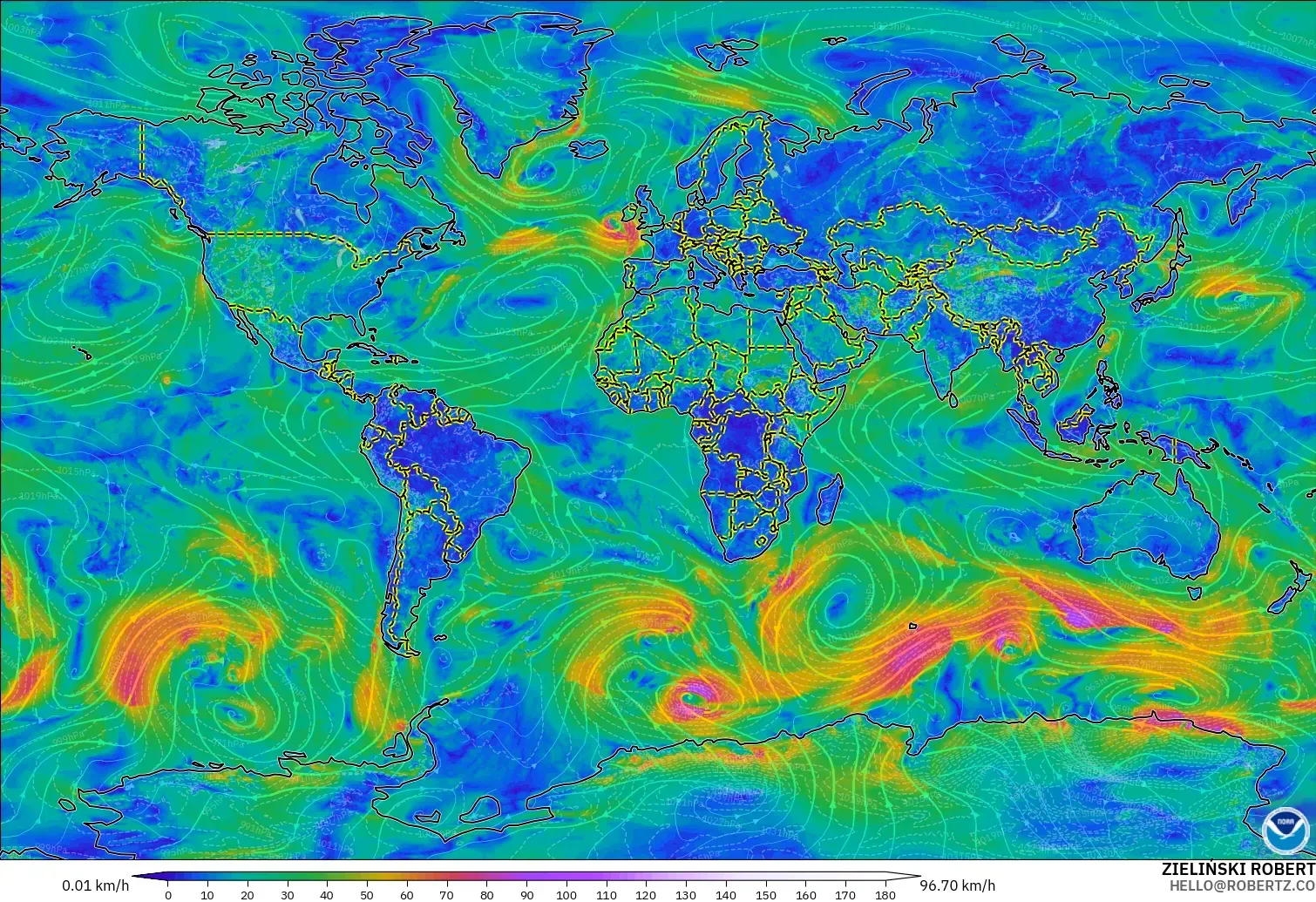 GFS modelo - Mundo, Viento a 10 m
