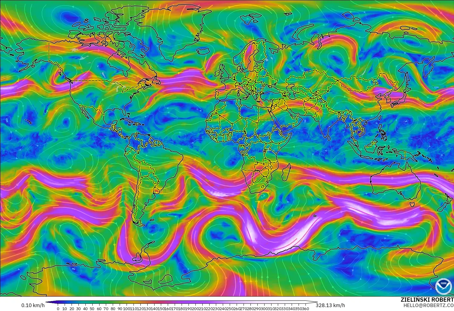 GFS modelo - Mundo, Viento a 300 hPa (corriente en chorro)