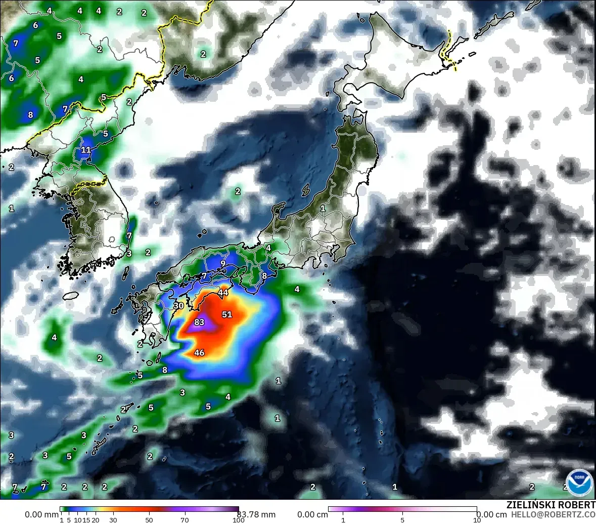 GFS modelo - Japón, Precipitación, nubes y presión