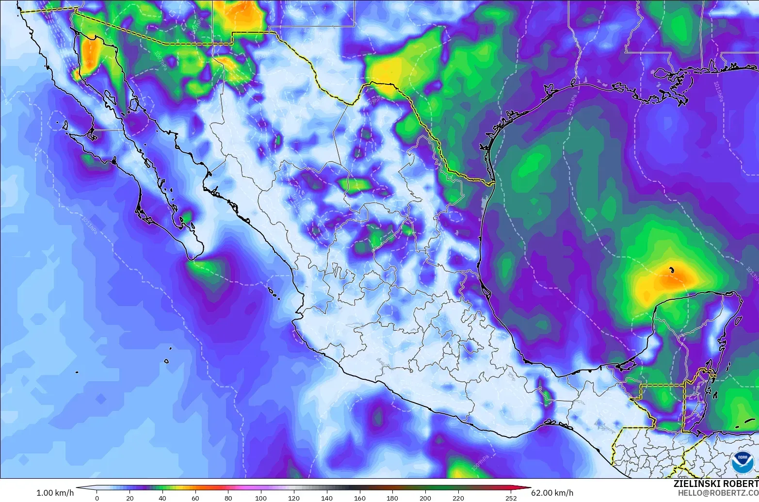 GFS modelo - México, Ráfagas de viento