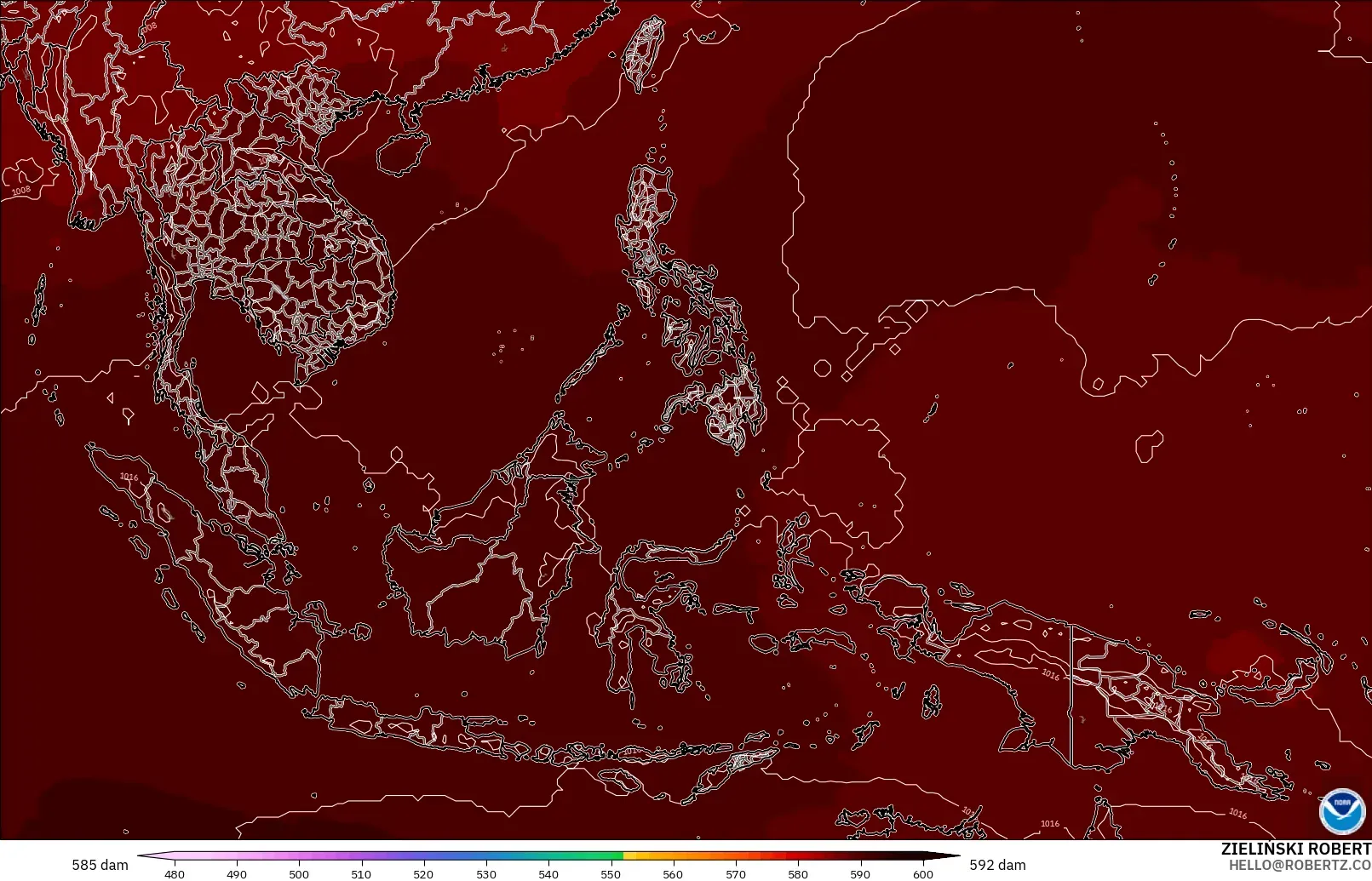 GFS modelo - Sudeste Asiático, Altura geopotencial a 500 hPa