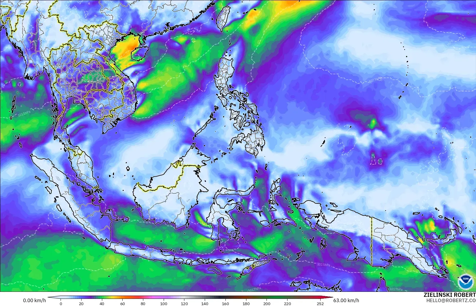 GFS modelo - Sudeste Asiático, Ráfagas de Viento Máximas