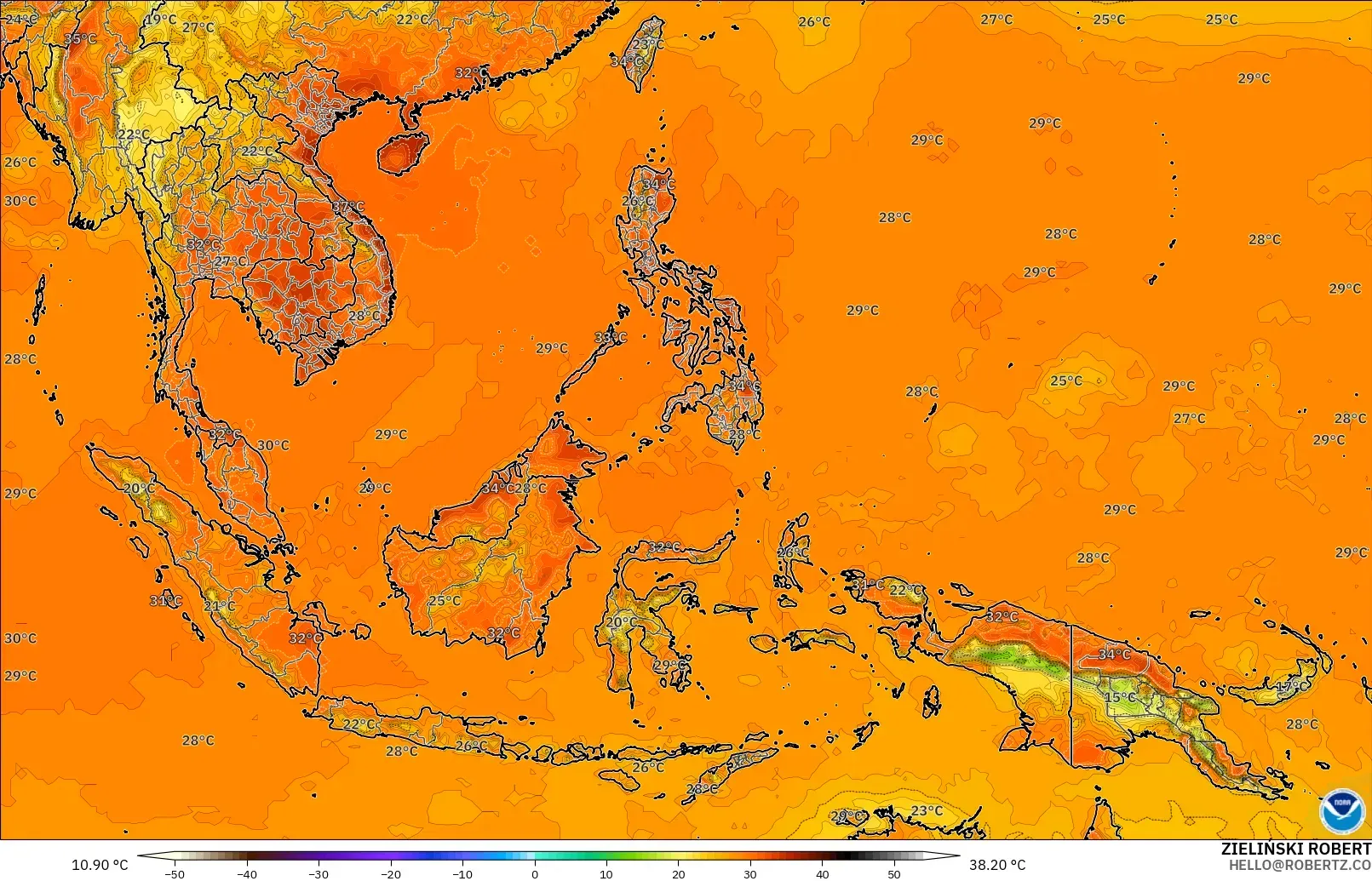 GFS modelo - Sudeste Asiático, Temperatura a 2 m