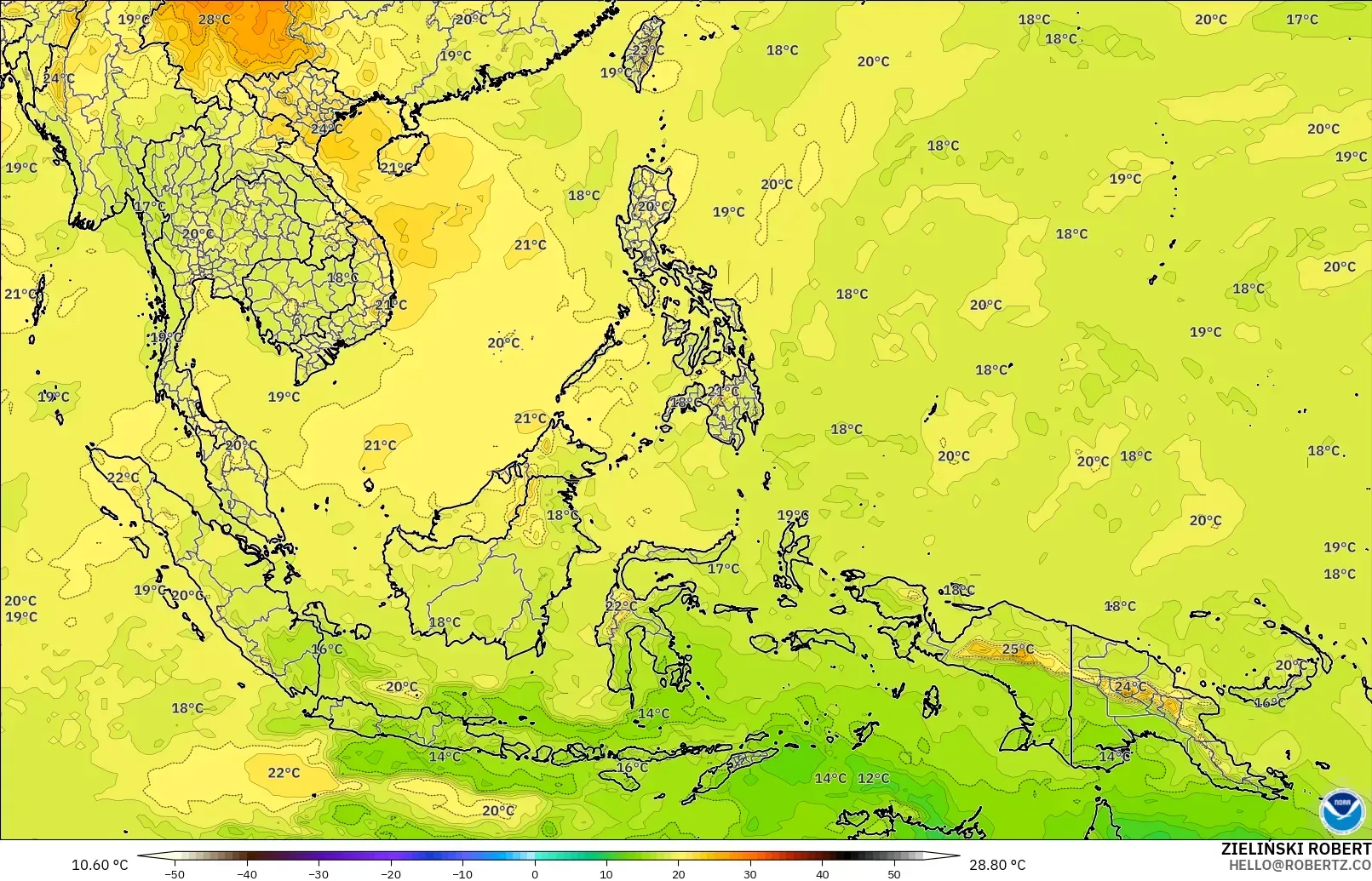 GFS modelo - Sudeste Asiático, Temperatura a 850 hPa