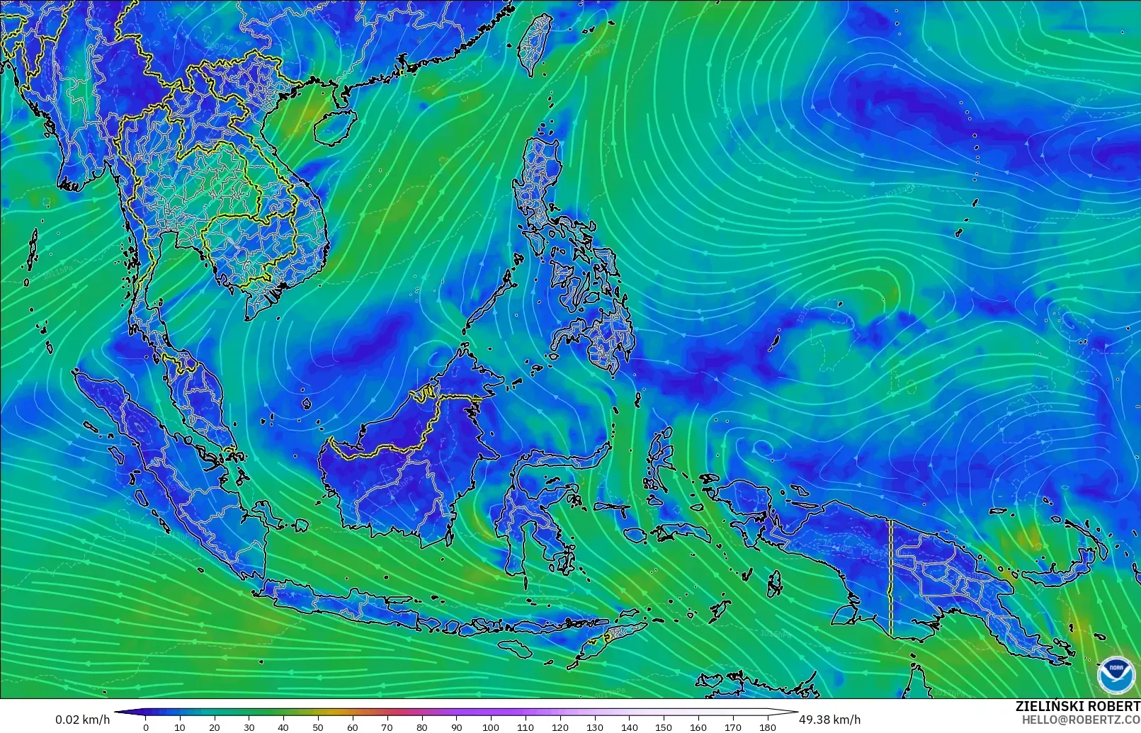 GFS modelo - Sudeste Asiático, Viento a 10 m