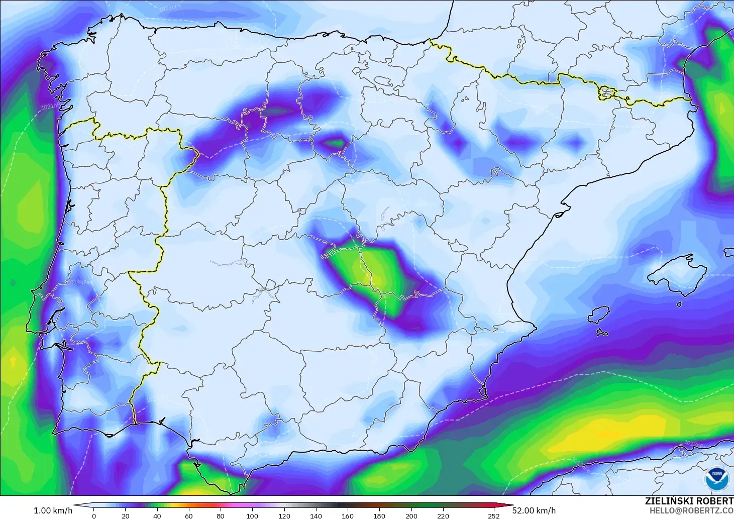 GFS modelo - España, Ráfagas de viento