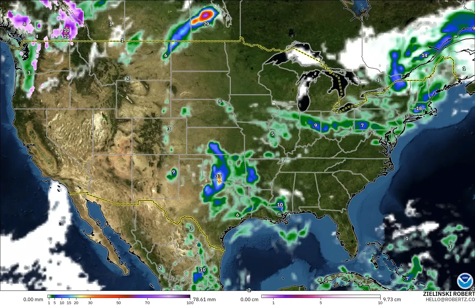 GFS modelo - Estados Unidos, Precipitación, nubes y presión