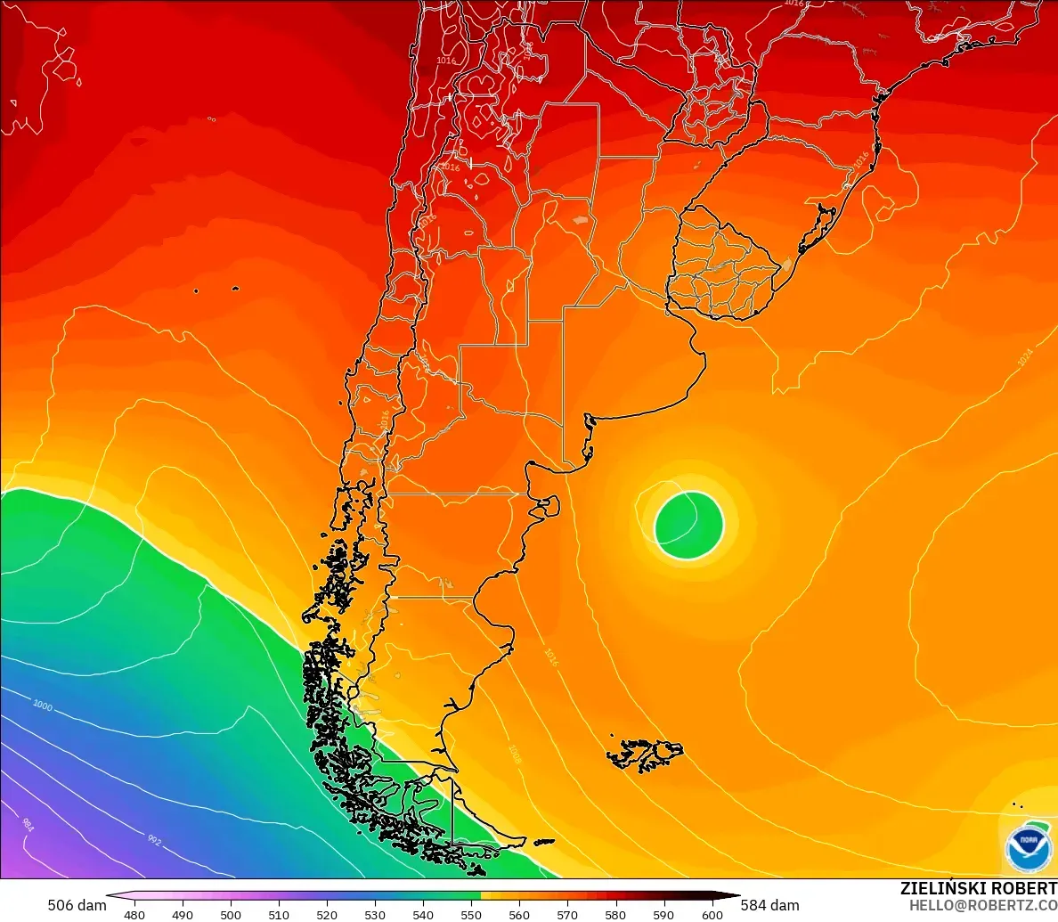 GFS modelo - Argentina, Altura geopotencial a 500 hPa