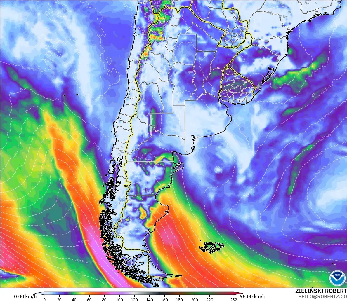 GFS modelo - Argentina, Ráfagas de Viento Máximas